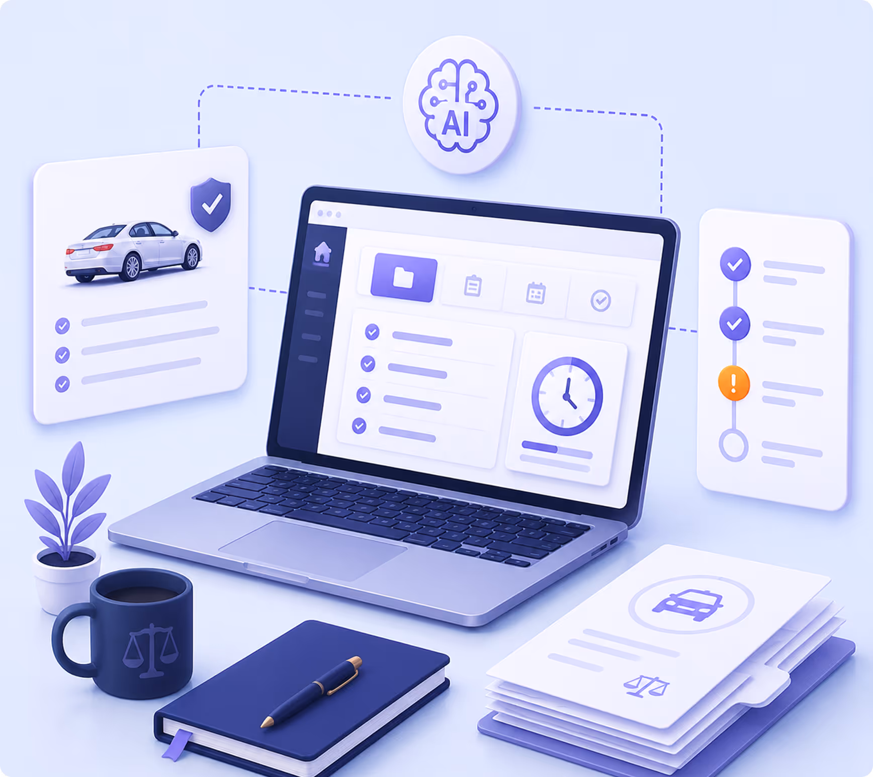 Laptop showing task management app connected to AI, with car, checklist, notebook, mug, and legal files around.