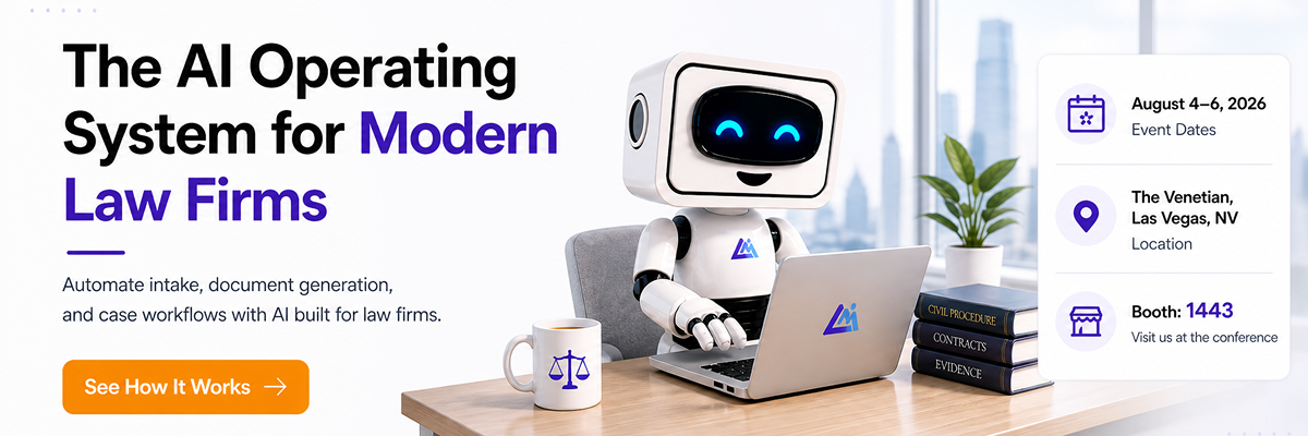 Robot with glowing eyes using a laptop on an office desk with law books and event details for August 2026 conference.