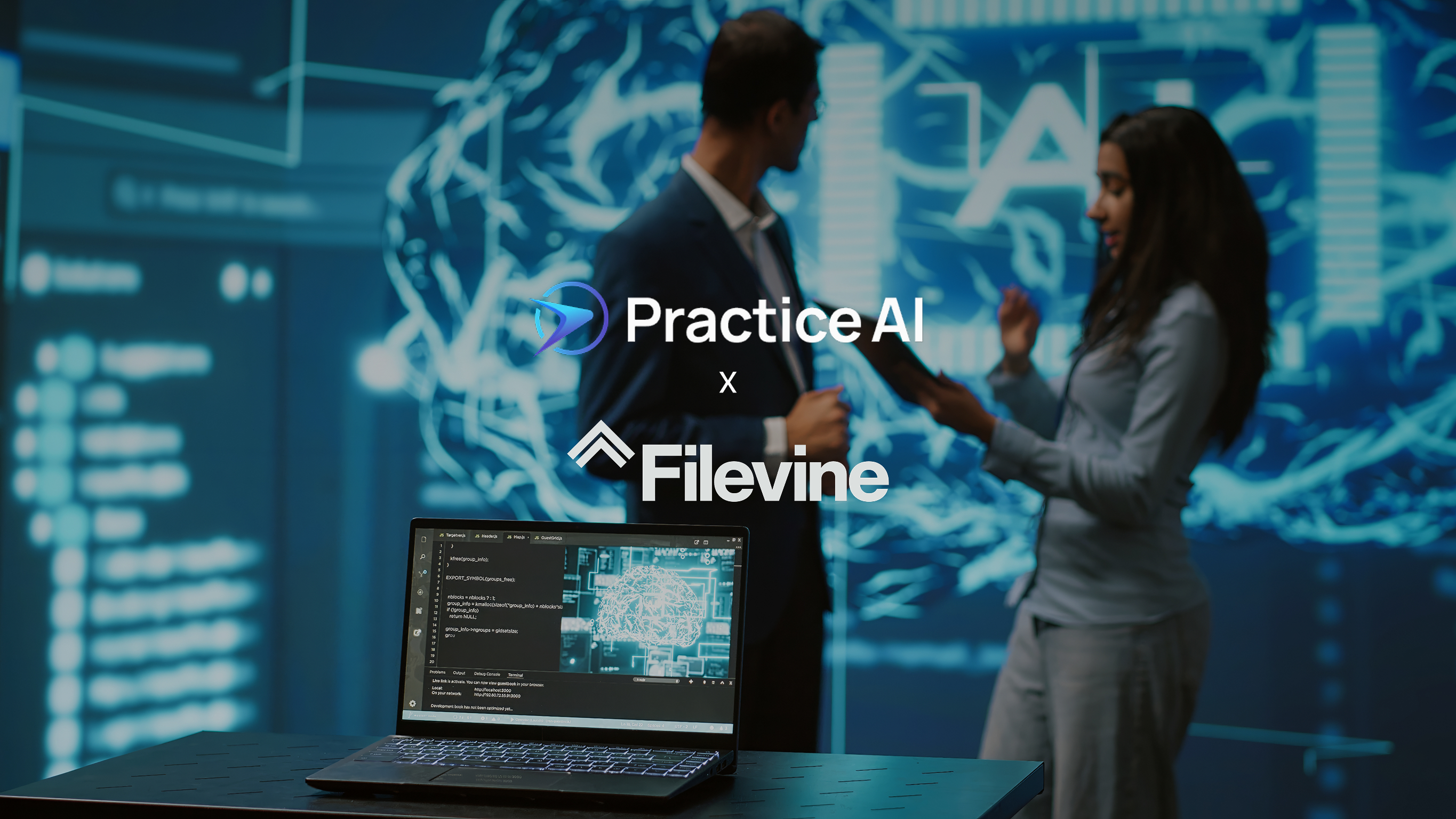 Visual comparison of Practice AI and Filevine legal technology platforms with icons of AI automation and case management tools.