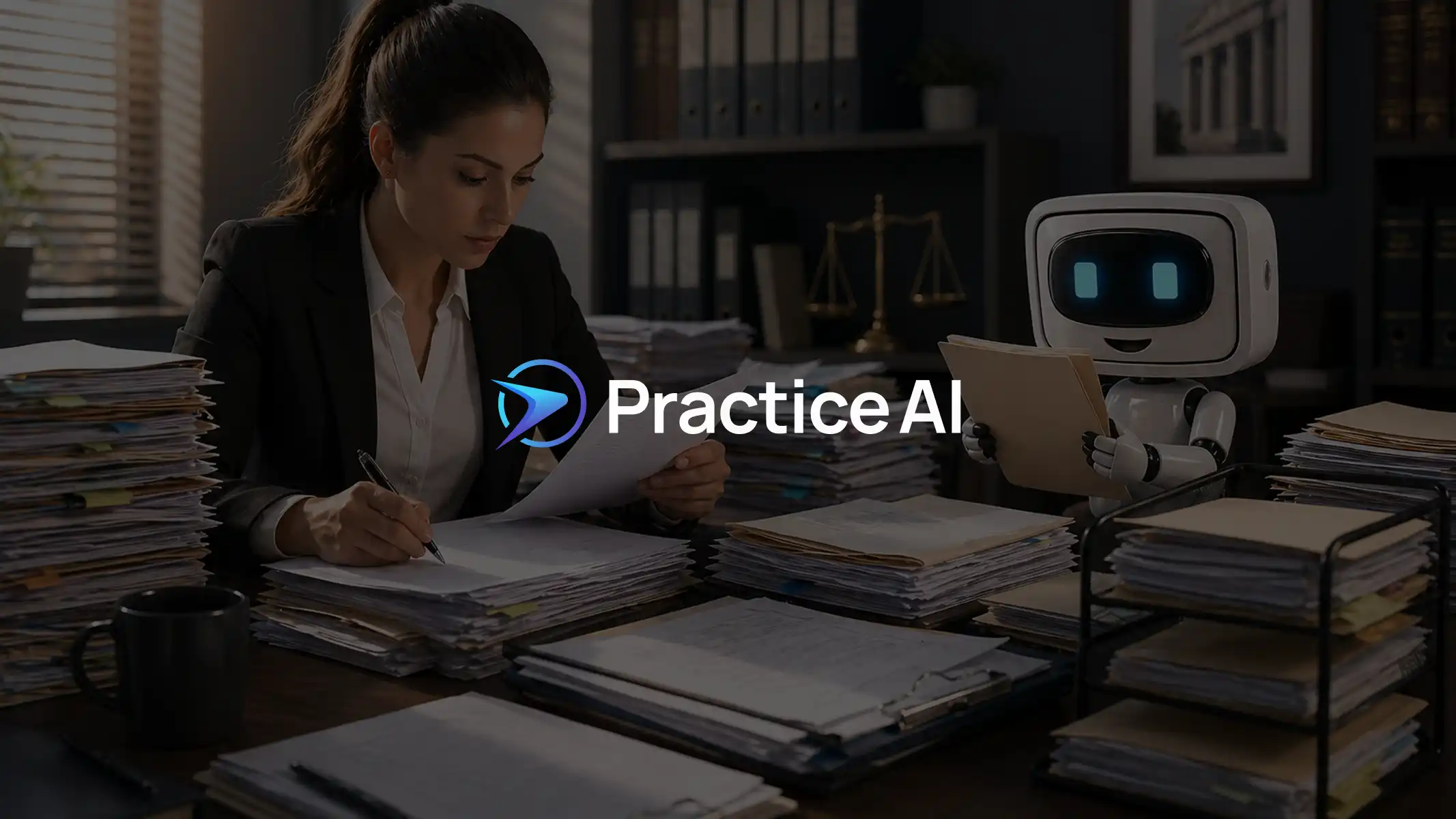 Paralegal reviewing stacked case files at desk alongside an AI robot assistant, law practice AI software for legal document management by Law Practice AI