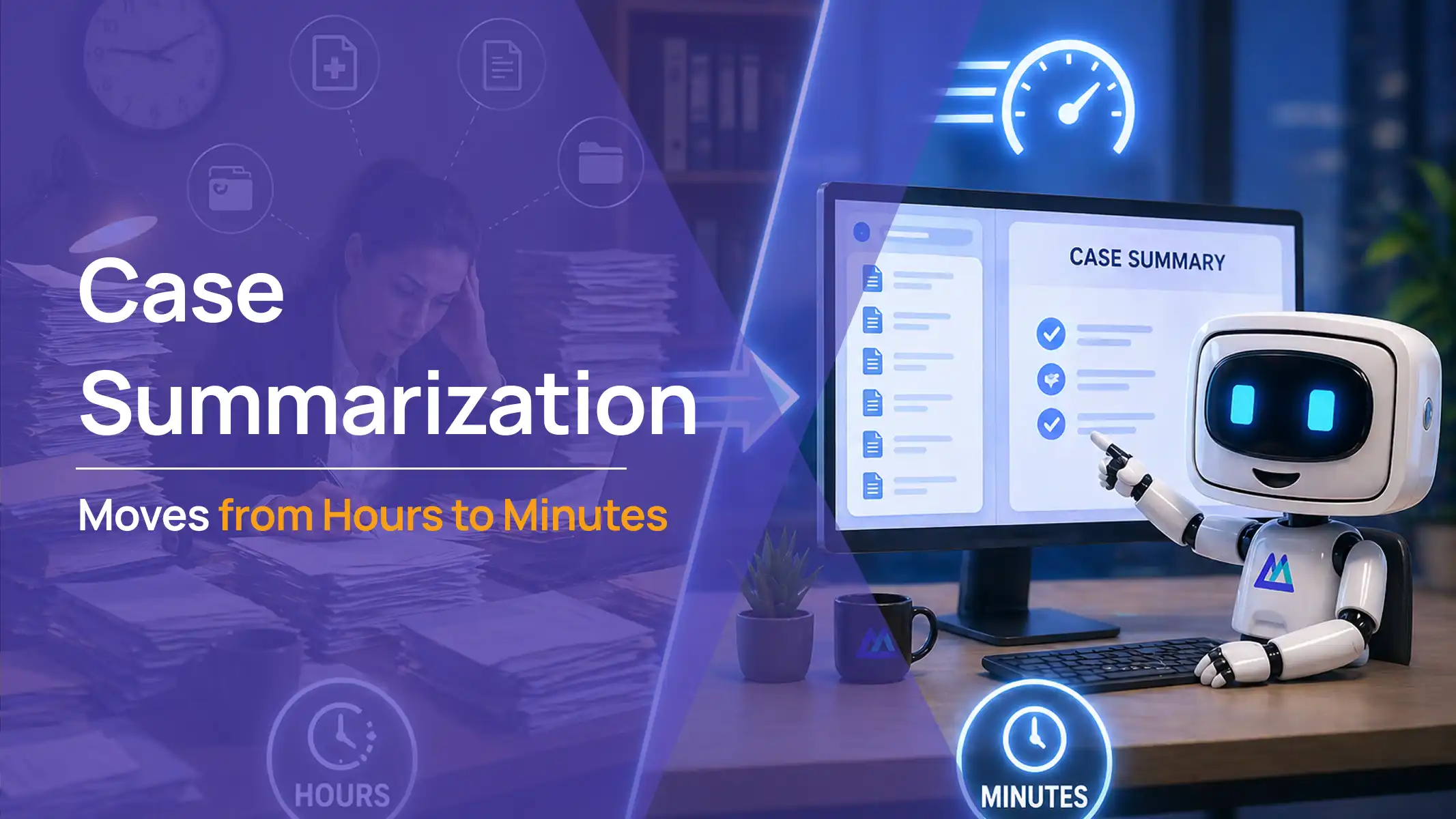Split visual showing overwhelmed paralegal with paper files on the left and an AI robot completing a case summary on screen in minutes on the right, law practice AI software by Law Practice AI
