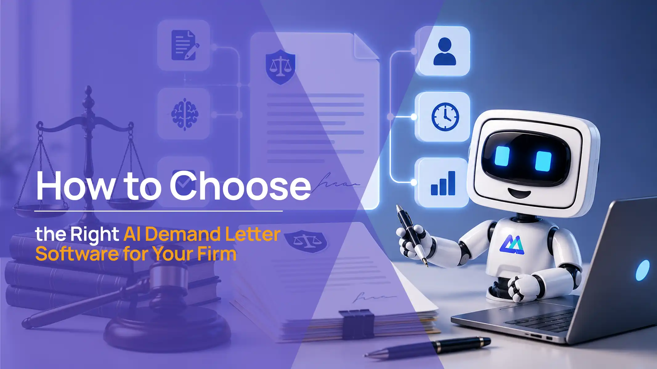 AI robot writing at a desk beside floating icons for user, time, and performance metrics, how to choose the right AI demand letter software for your firm