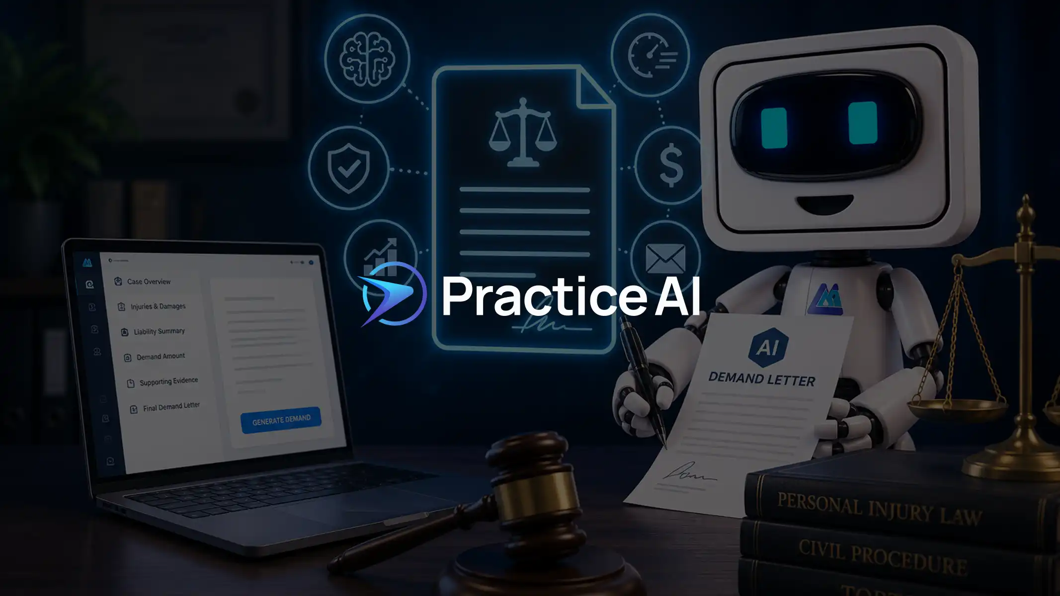 AI robot signing a demand letter beside a laptop showing a generate demand workflow with case overview and supporting evidence fields