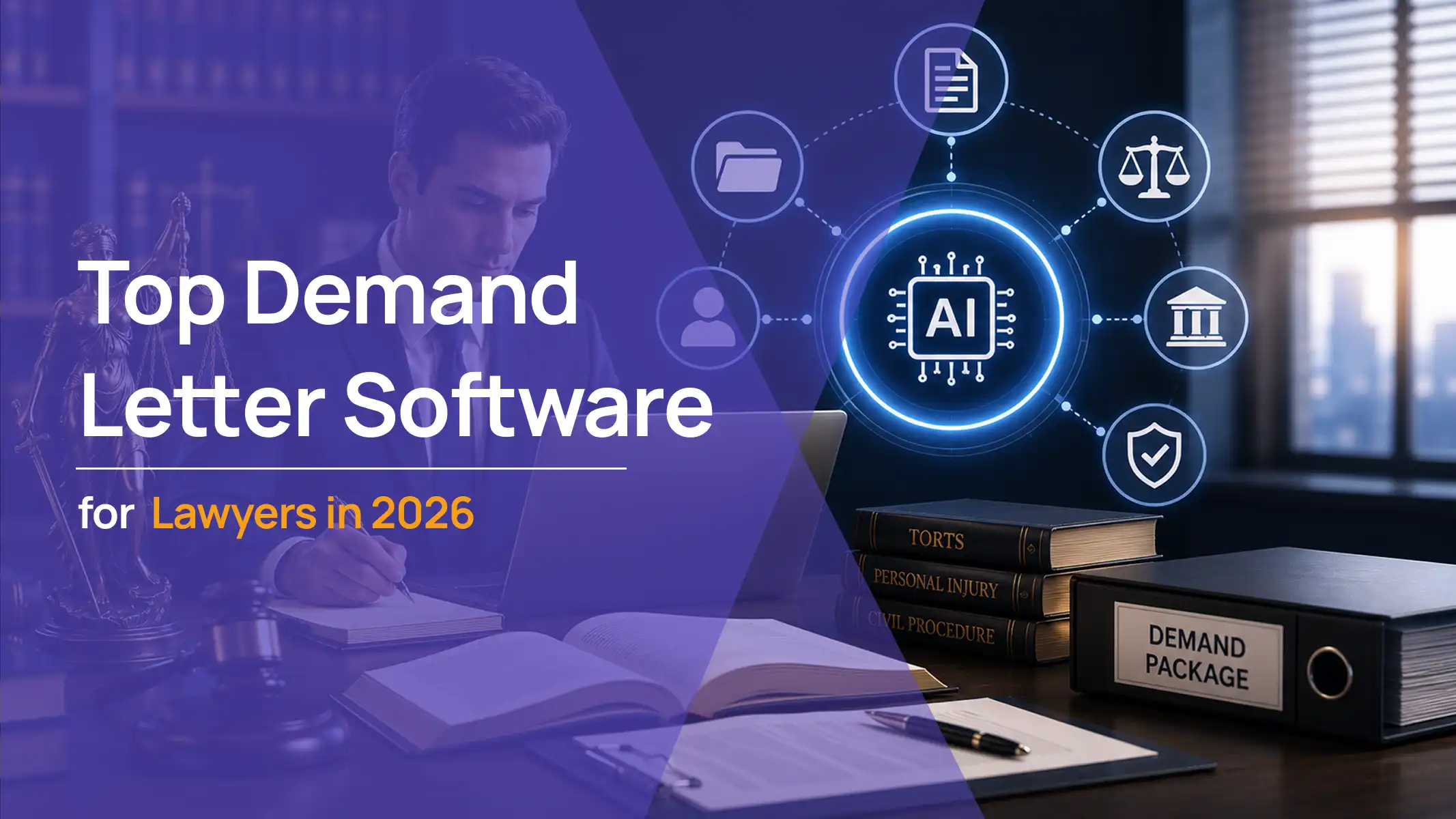 Attorney reviewing legal books beside an AI chip graphic connected to demand package icons including case files, scales of justice, and compliance