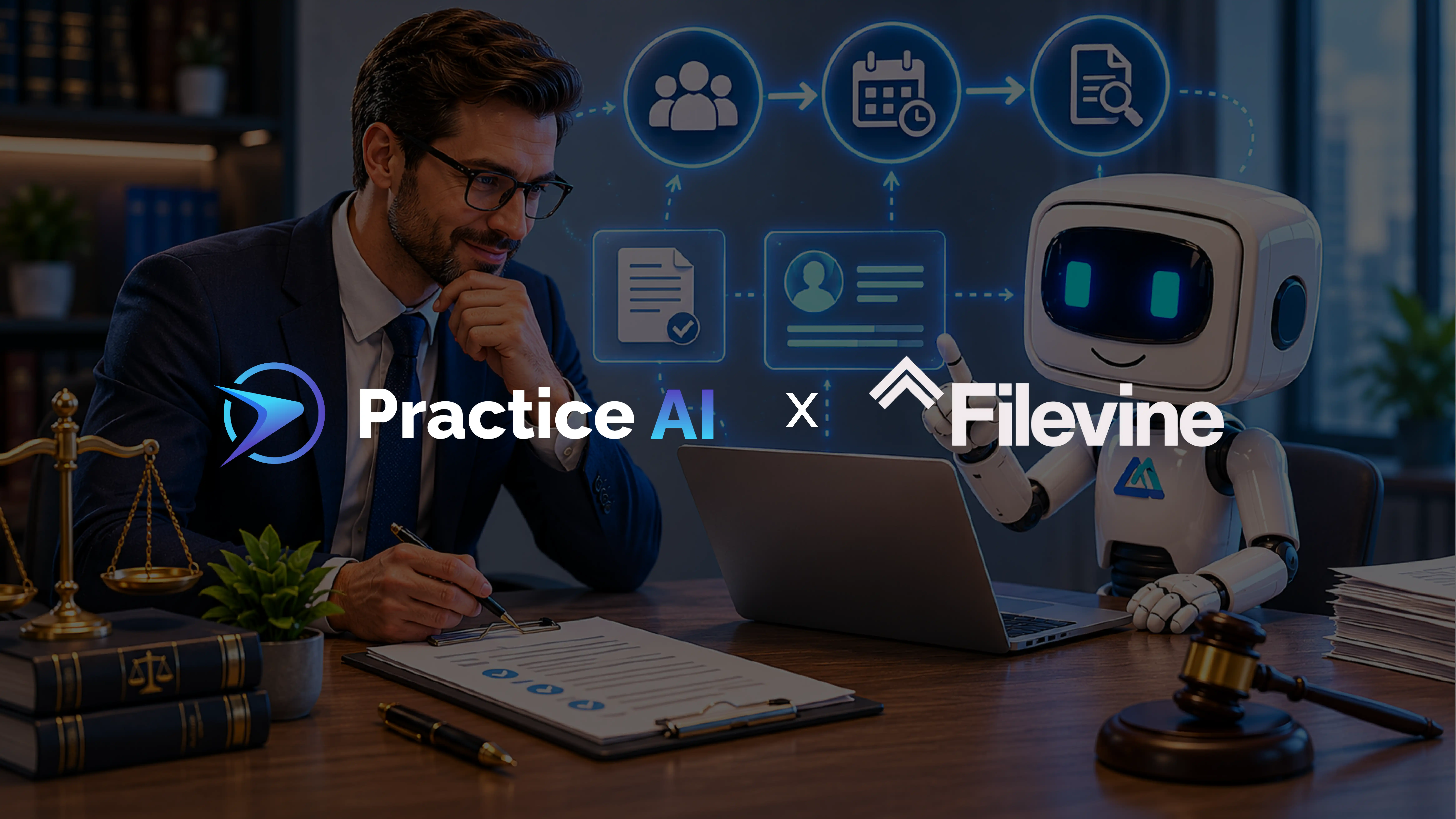 Attorney reviewing case documents at a desk alongside an AI robot with a workflow diagram showing Law Practice AI and Filevine integration for legal case management.