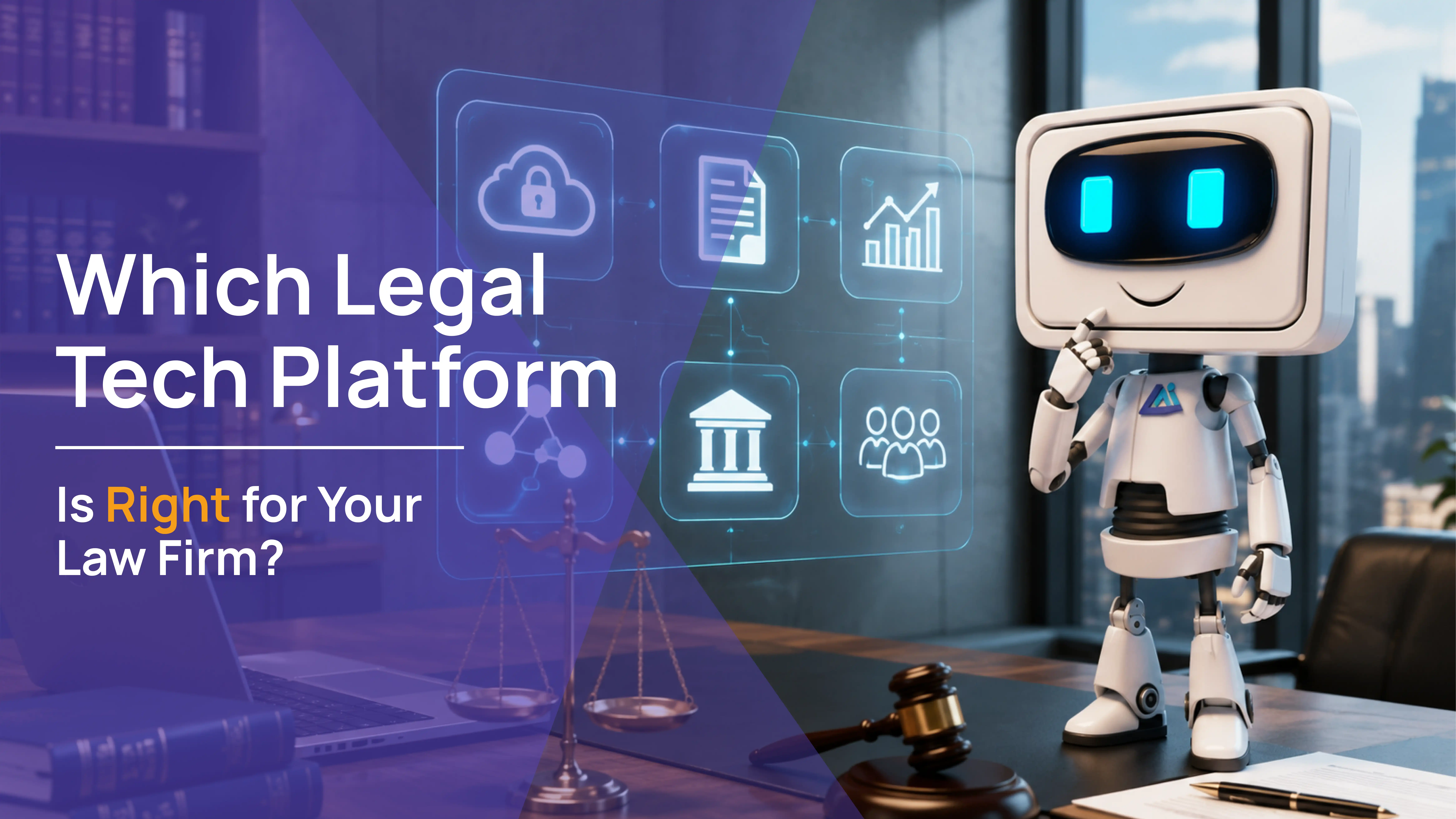 AI robot pointing to a floating grid of legal tech platform features including document management, analytics, compliance, and client management, which legal tech platform is right for your law firm.