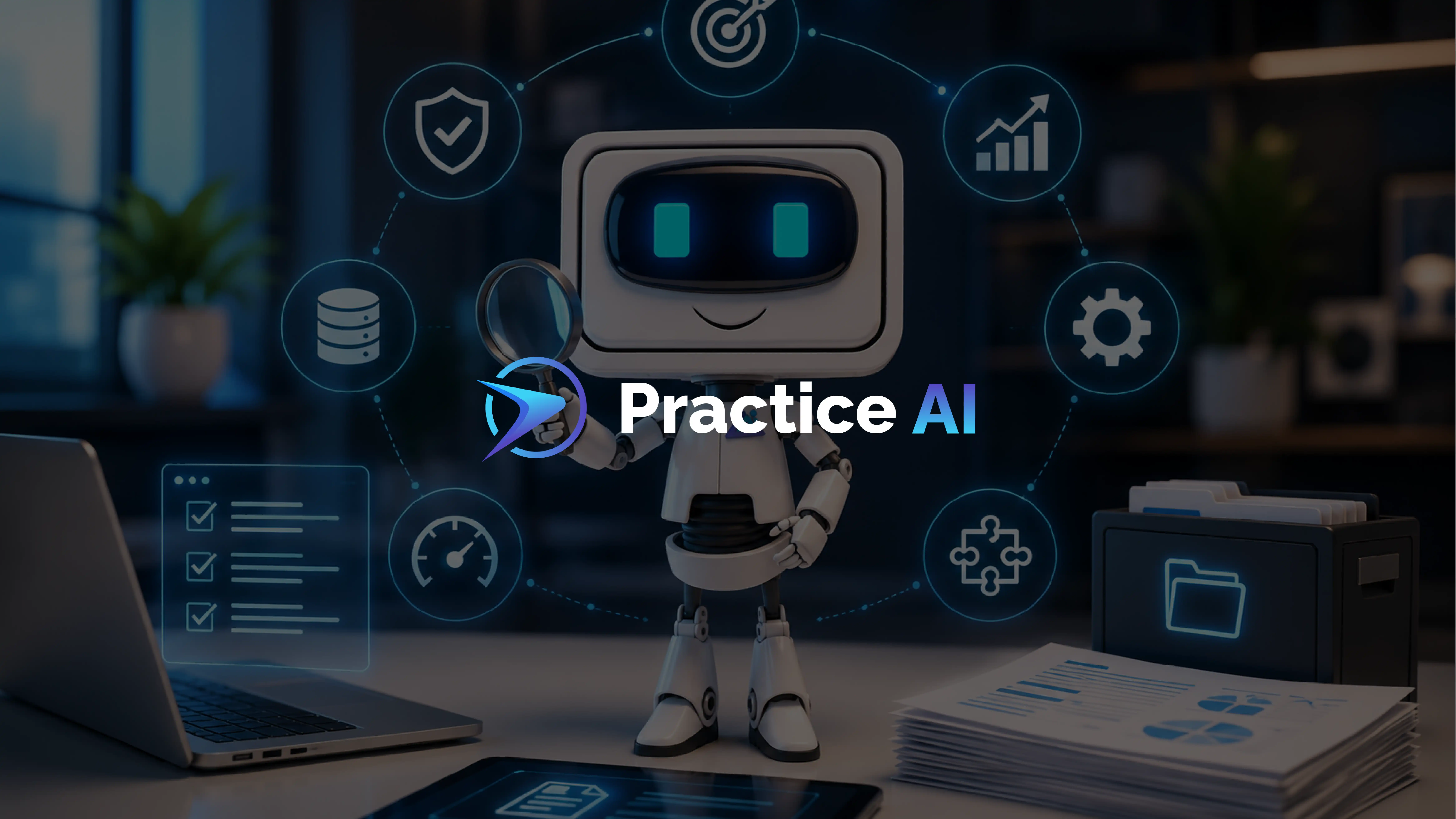 AI robot holding a magnifying glass surrounded by icons for data management, analytics, integrations, and document processing.