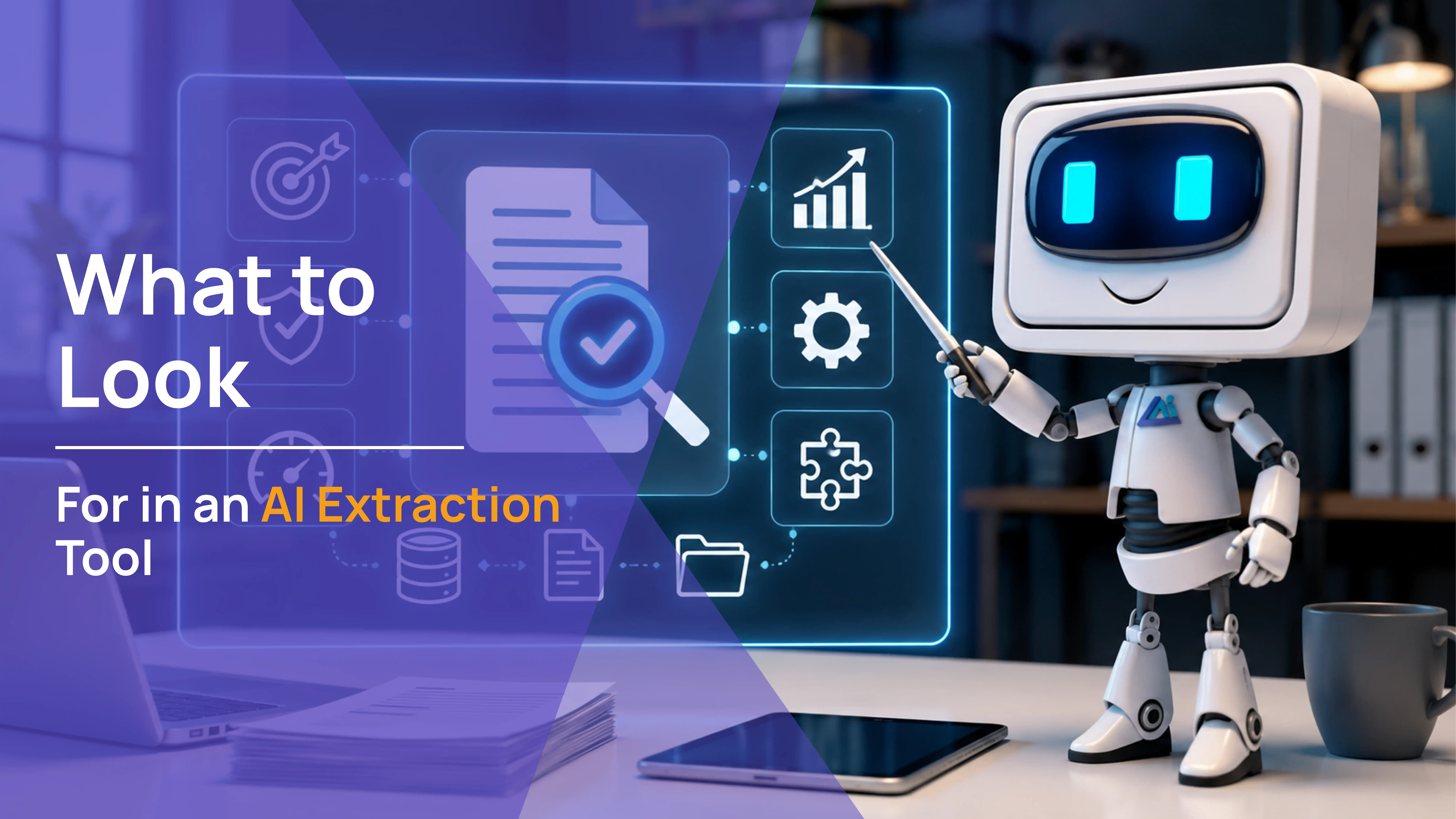 AI robot pointing to a panel of AI extraction tool features including analytics, settings, integrations, and file management, with text - what to look for in a legal document data extraction tool