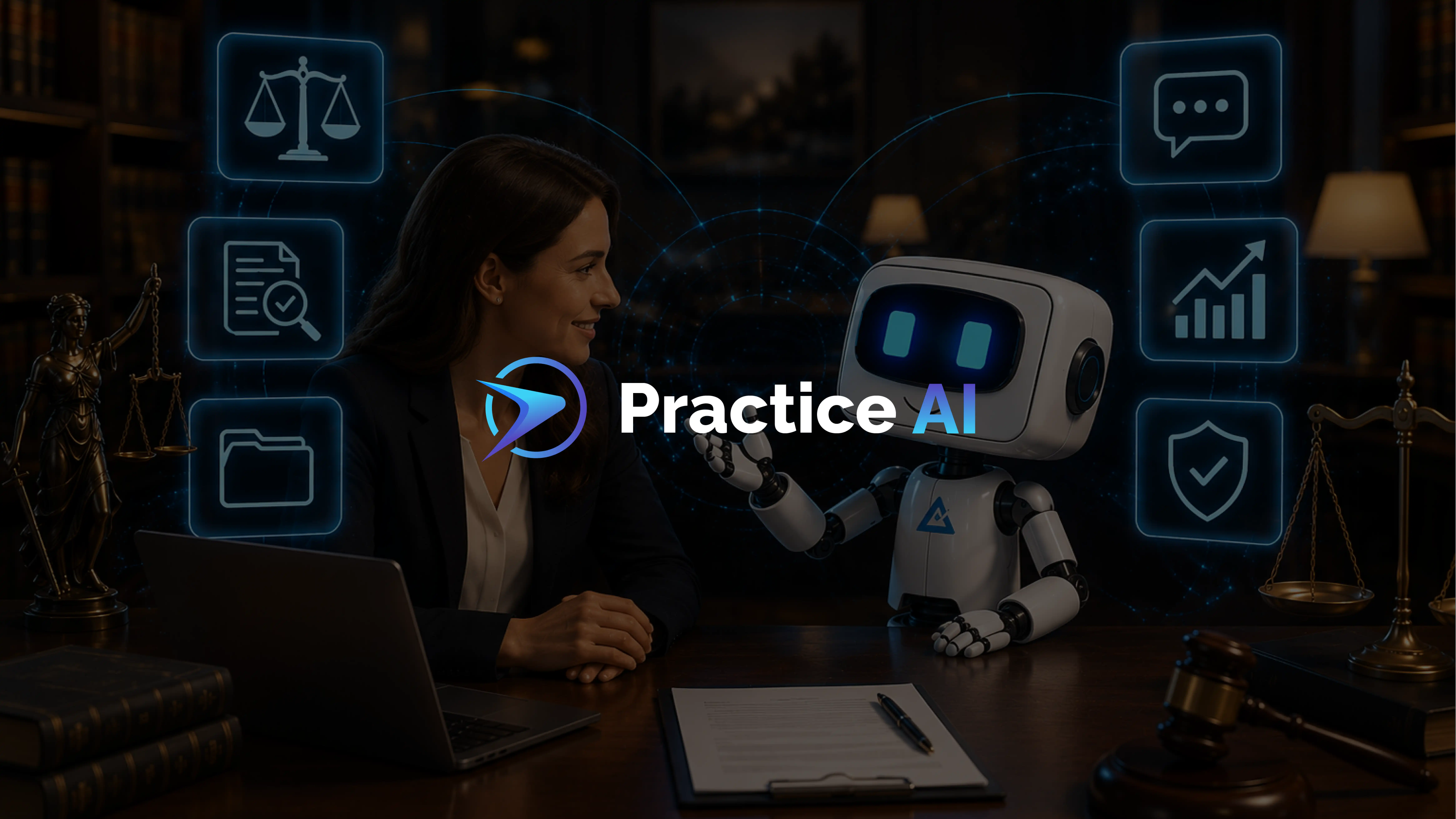 Attorney smiling at an AI robot across a desk with floating icons for document review, case management, analytics, and compliance.