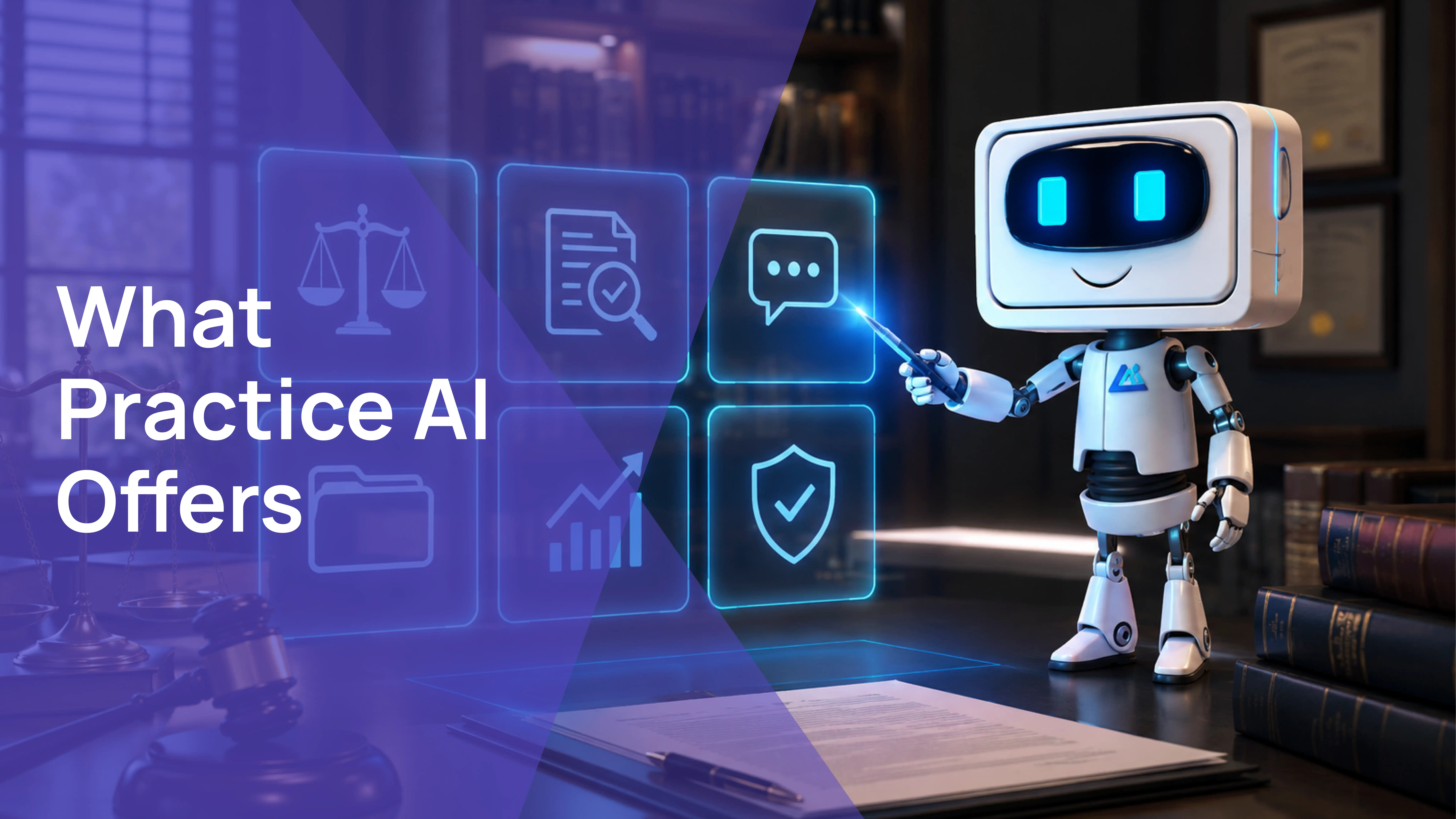 AI robot pointing to a grid of Law Practice AI platform features including document review, analytics, client communication, and compliance, what Practice AI offers versus EvenUp