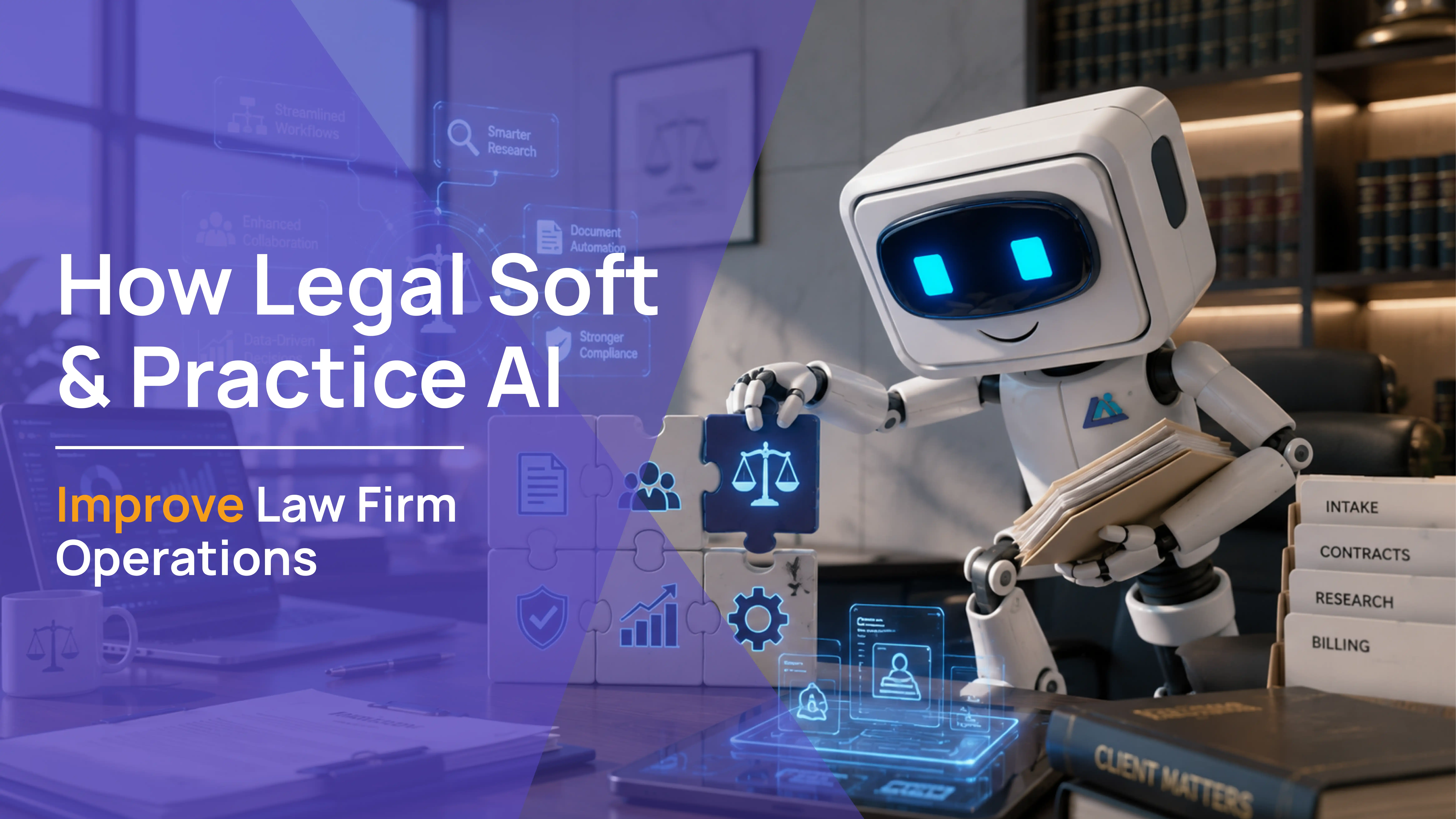 AI robot assembling puzzle pieces with legal workflow icons including intake, contracts, research, billing, and compliance, how Legal Soft and Law Practice AI improve law firm operations