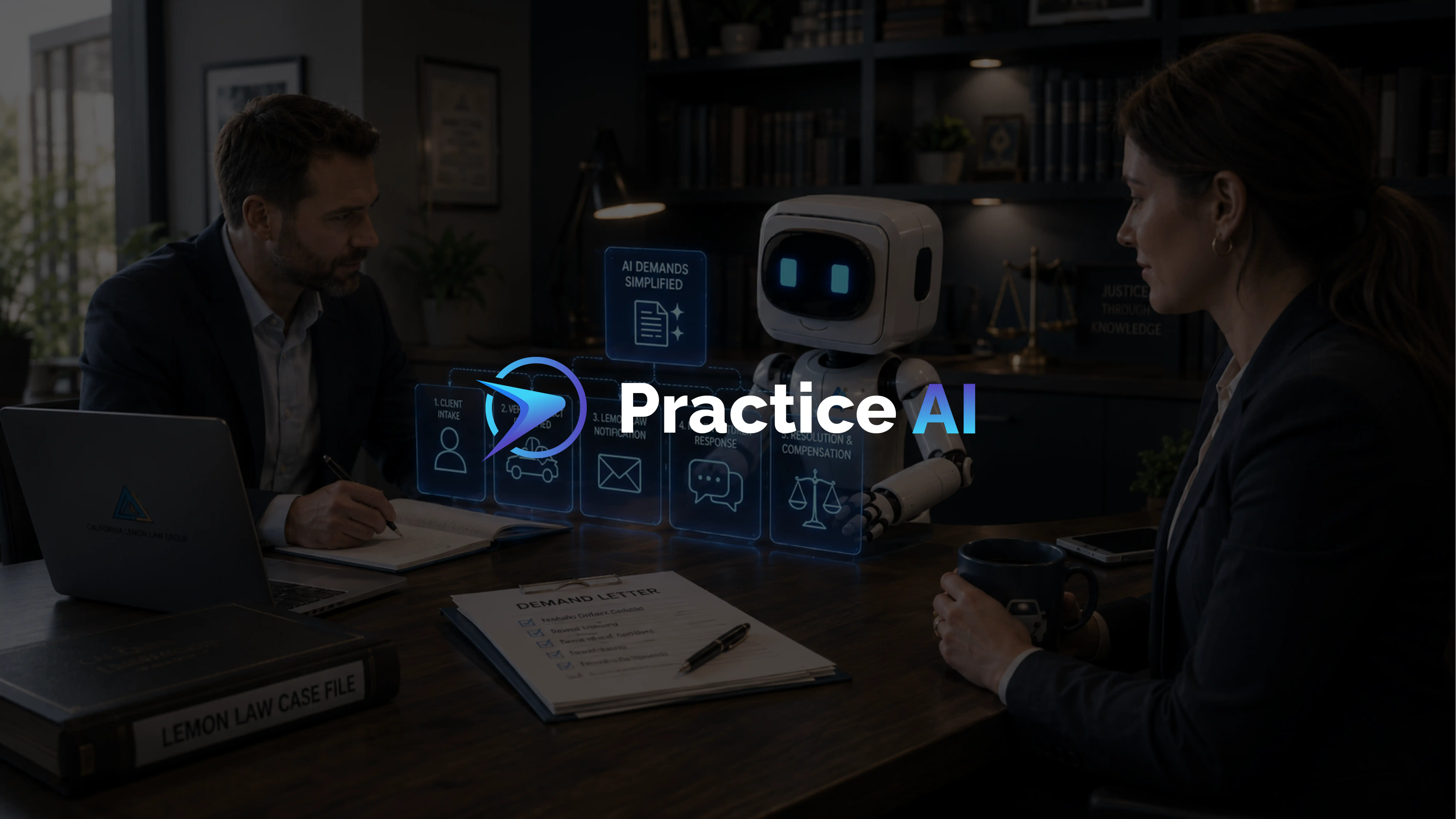 Two attorneys at a table with a lemon law case file and demand letter beside an AI robot showing a five-step workflow from client intake to resolution and compensation