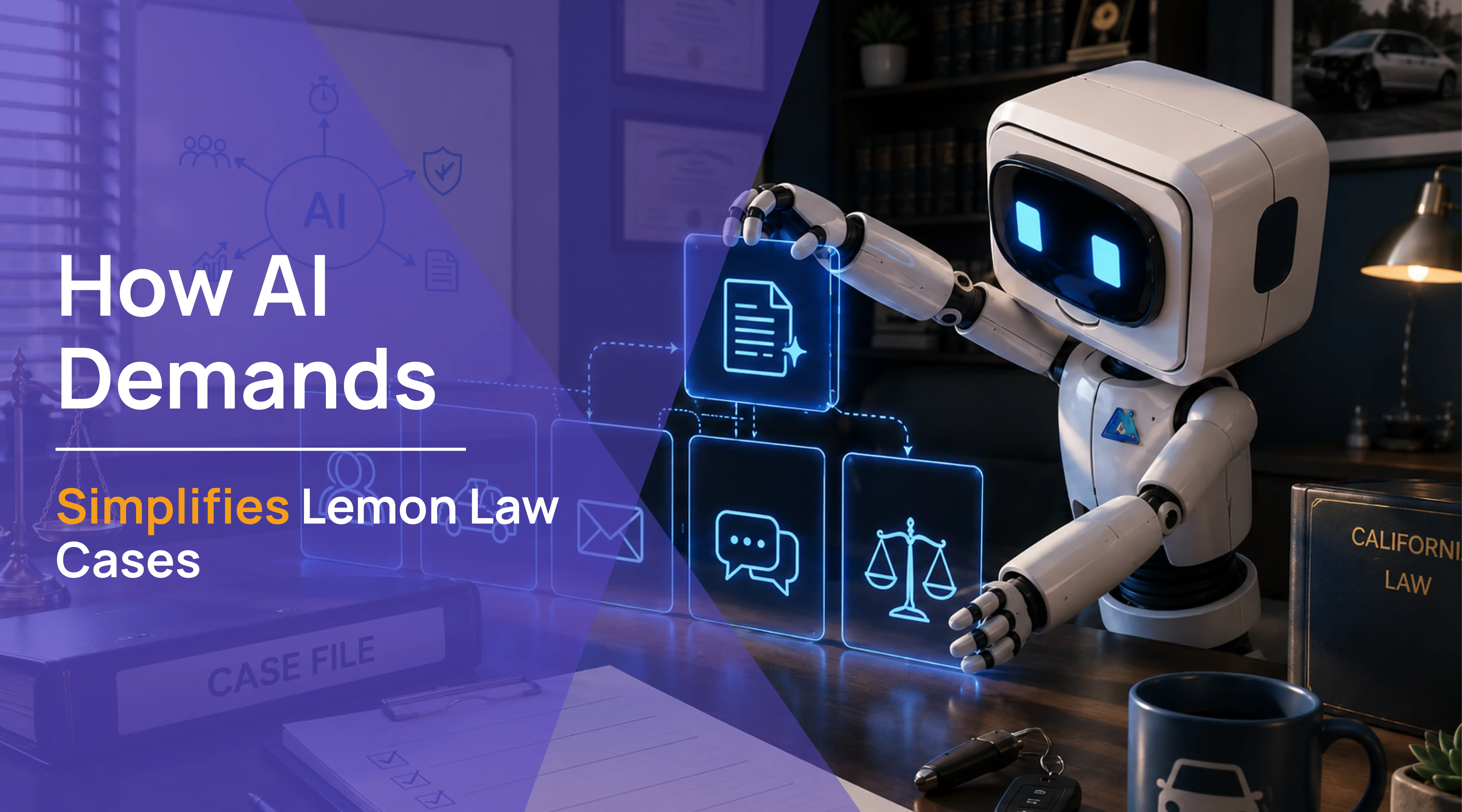 AI robot organizing lemon law case documents with floating icons for document drafting, client communication, and legal compliance beside a California law book