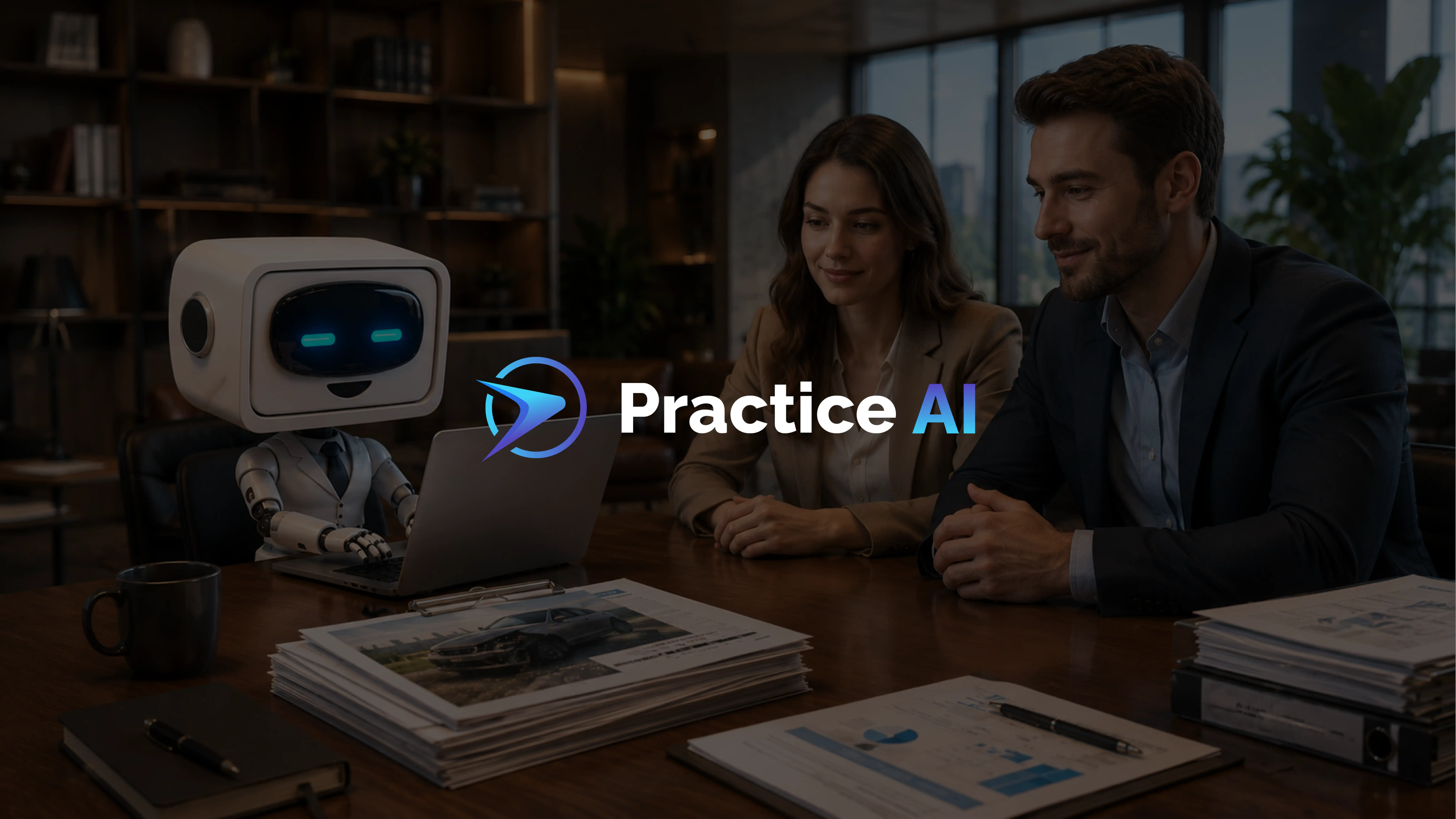 Two attorneys reviewing personal injury case files with an AI robot on a laptop at a conference table, identifying high-value cases using Law Practice AI.