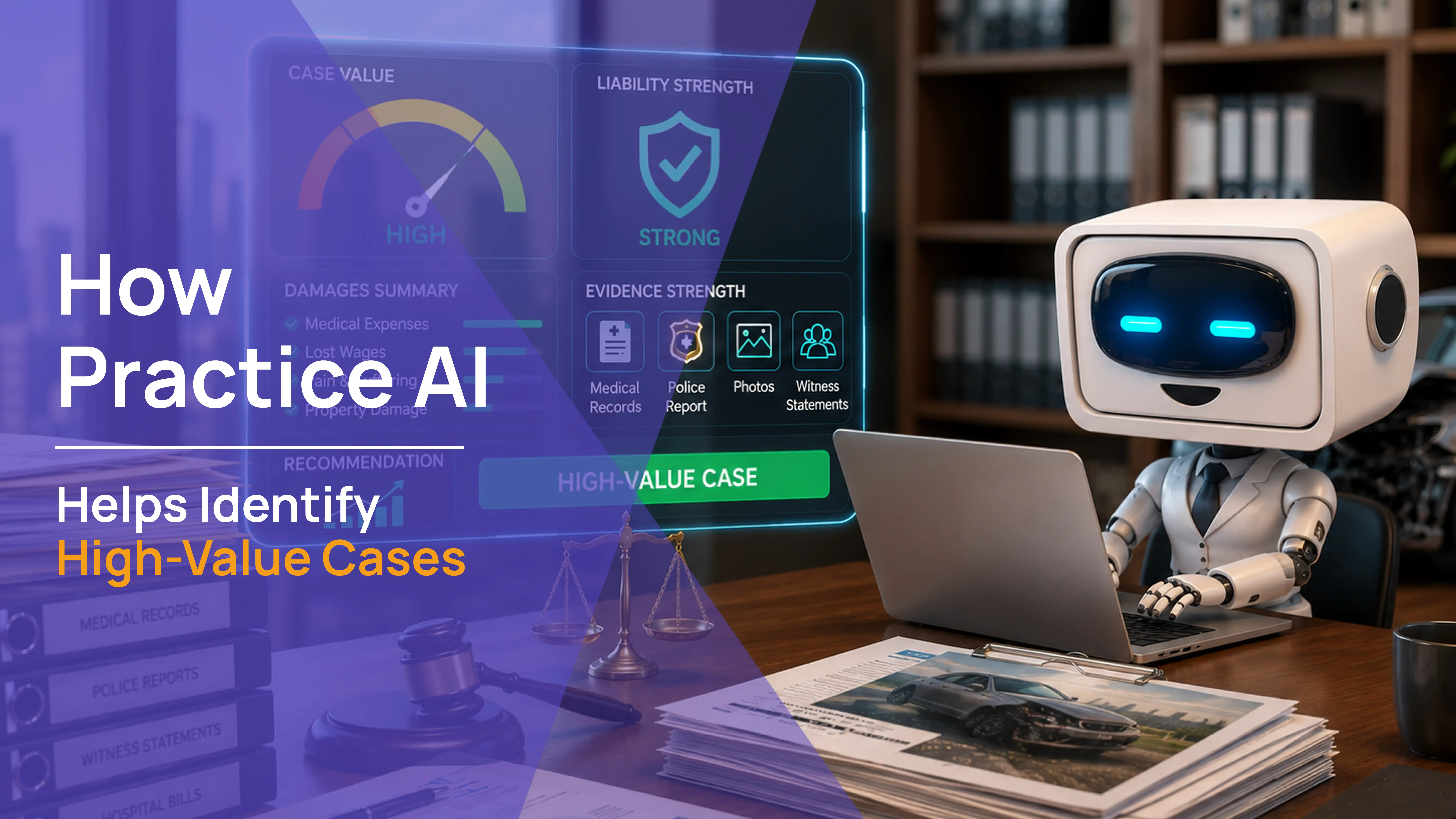 AI robot at laptop beside a case evaluation dashboard showing high case value, strong liability, and evidence strength from medical records, police report, photos, and witness statements, personal injury case evaluation by Law Practice AI