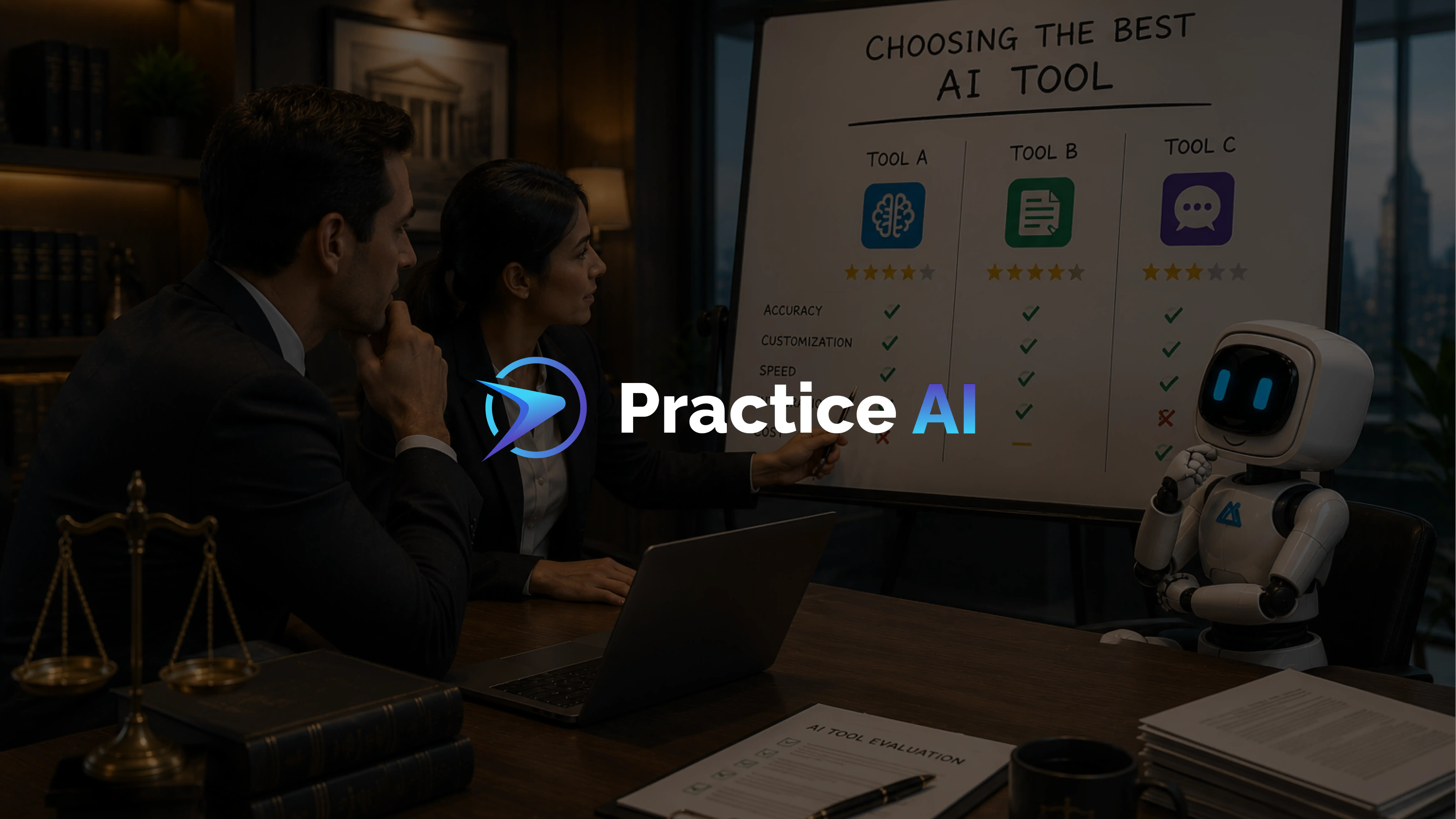 Two attorneys reviewing a whiteboard comparison of AI tools rated on accuracy, customization, speed, and cost for demand letter generation by Law Practice AI