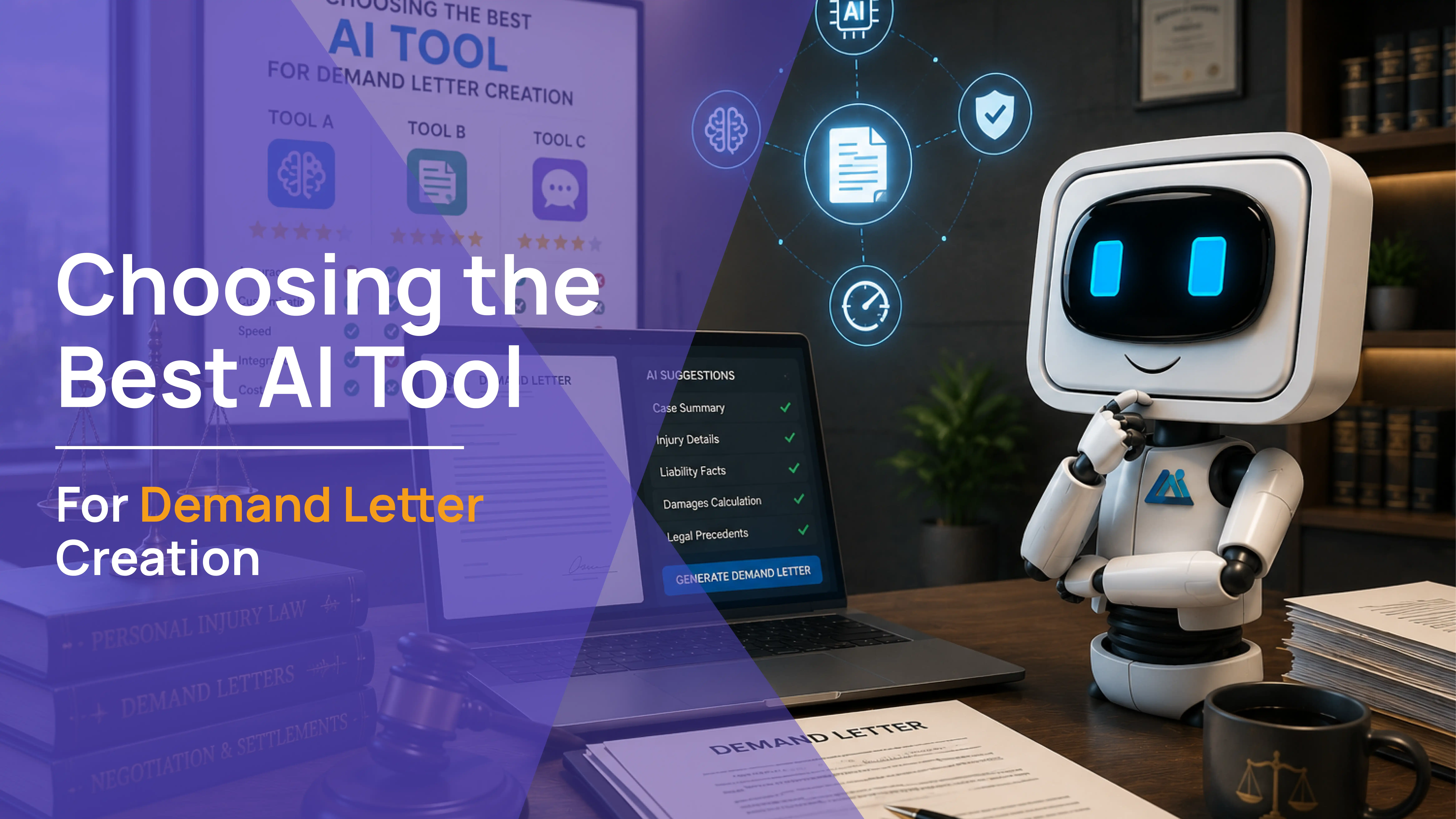 AI robot beside a laptop showing AI suggestions for case summary, injury details, and damages calculation with a generate demand letter button, choosing the best AI tool for demand letter creation