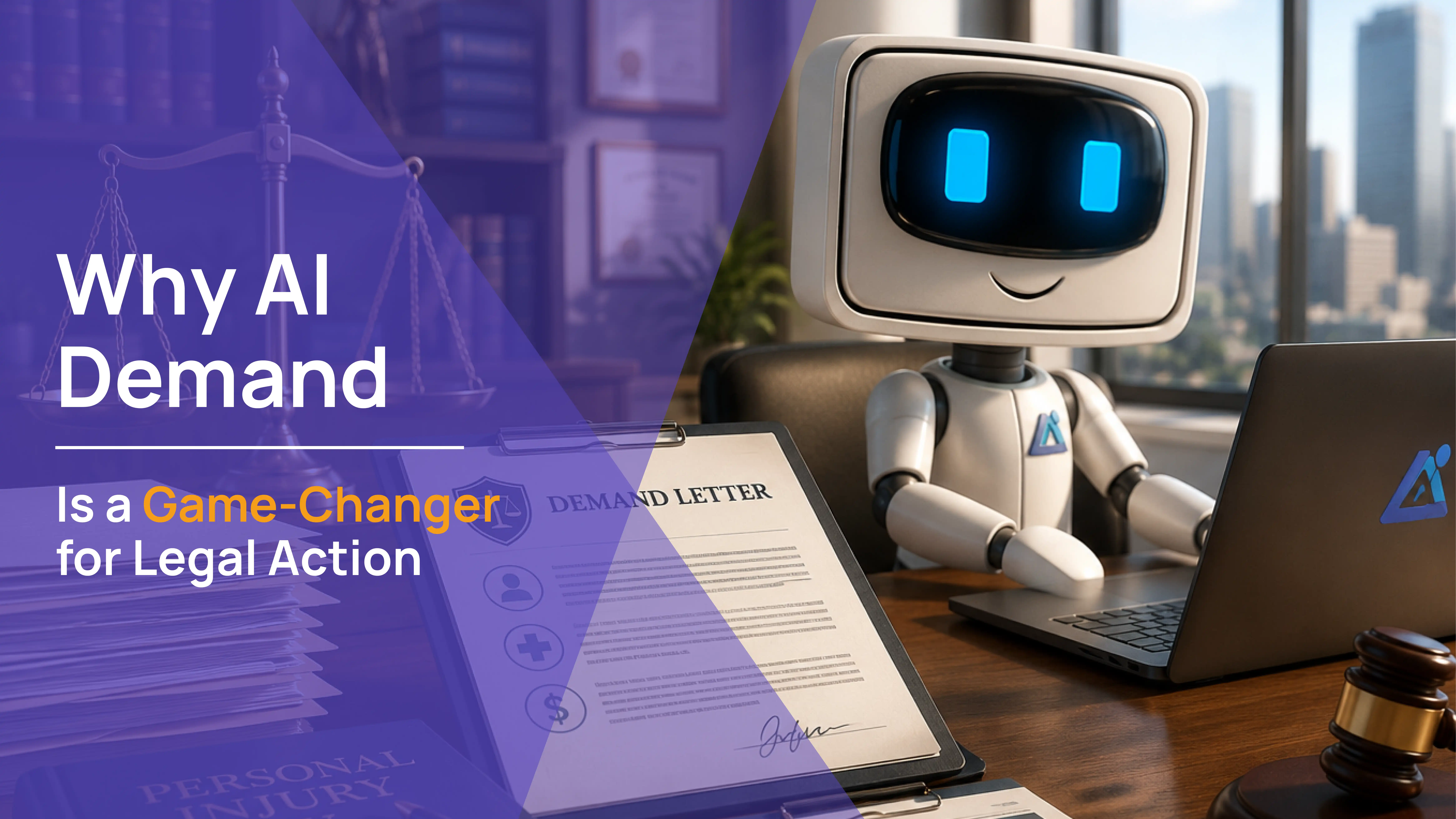 AI robot at a laptop beside a signed personal injury demand letter on a clipboard, why AI Demand is a game changer for legal action.