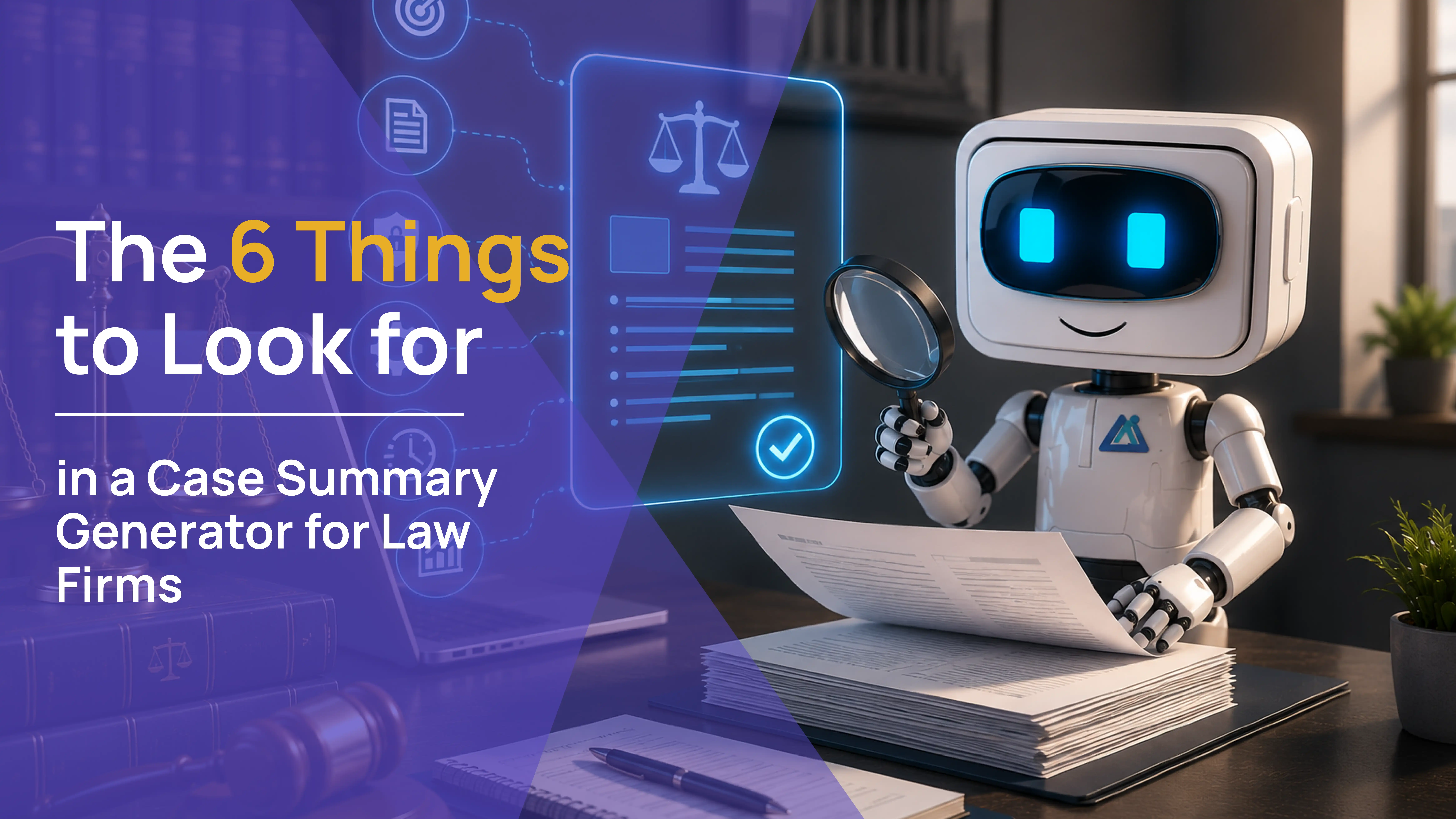 AI robot holding a magnifying glass reviewing a legal document checklist with scales of justice and case management icons, 6 things to look for in a case summary generator for law firms by Law Practice AI.