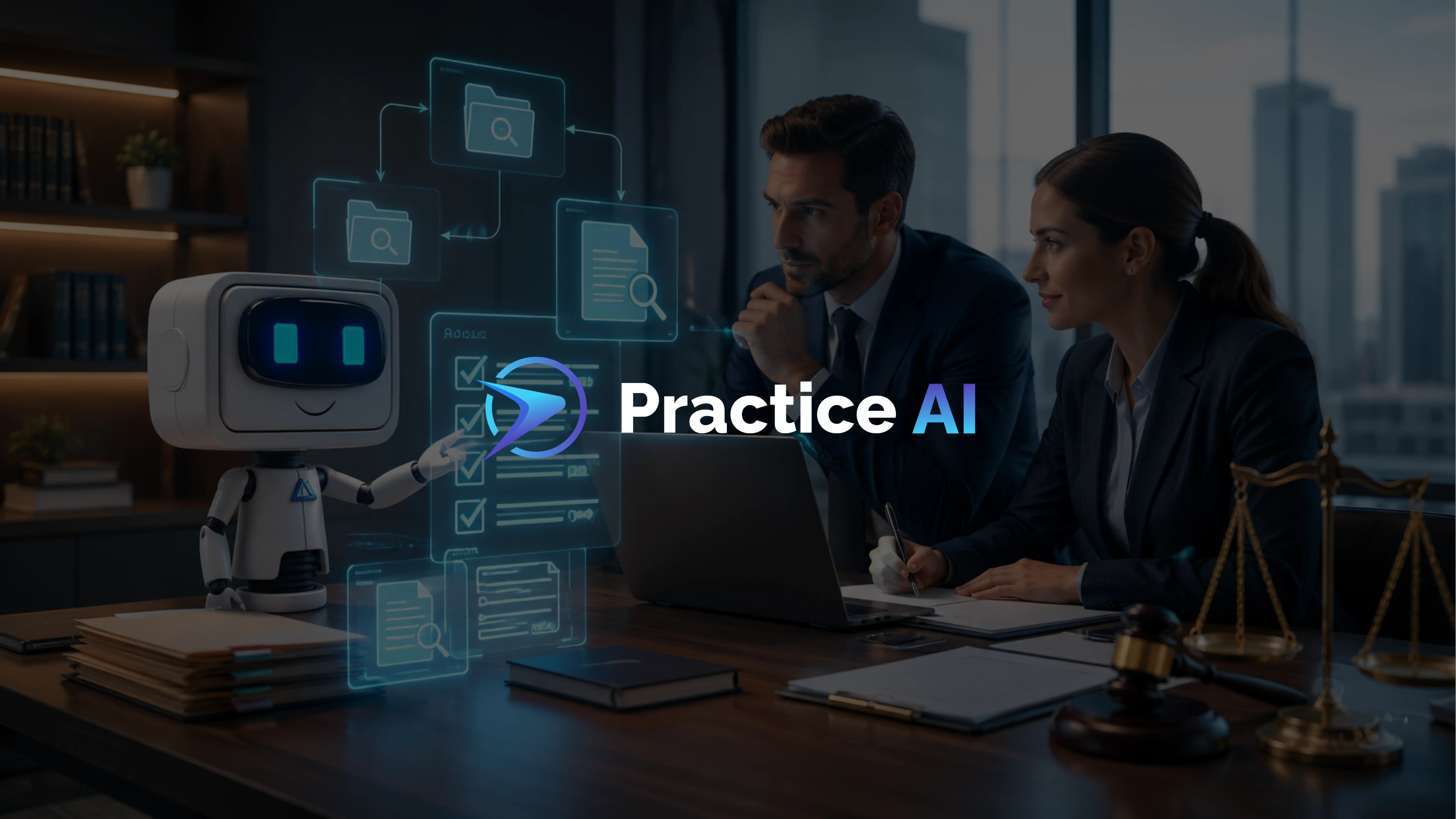 Two attorneys reviewing case documents on a laptop beside an AI robot pointing to a floating workflow of case file search, document review, and checklist completion.