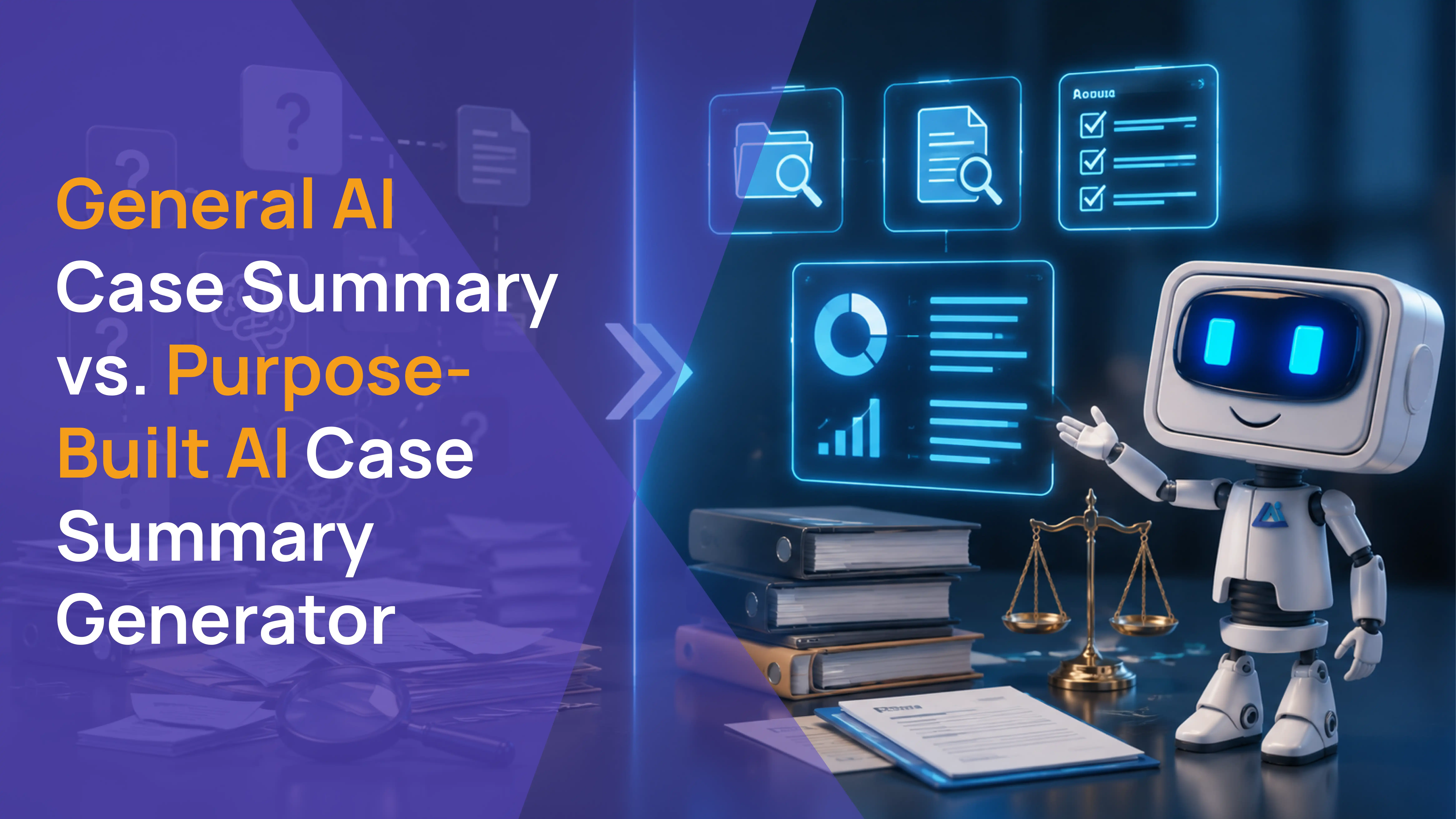 AI robot presenting a comparison of general AI versus purpose-built AI case summary generators with document review icons and analytics dashboard.