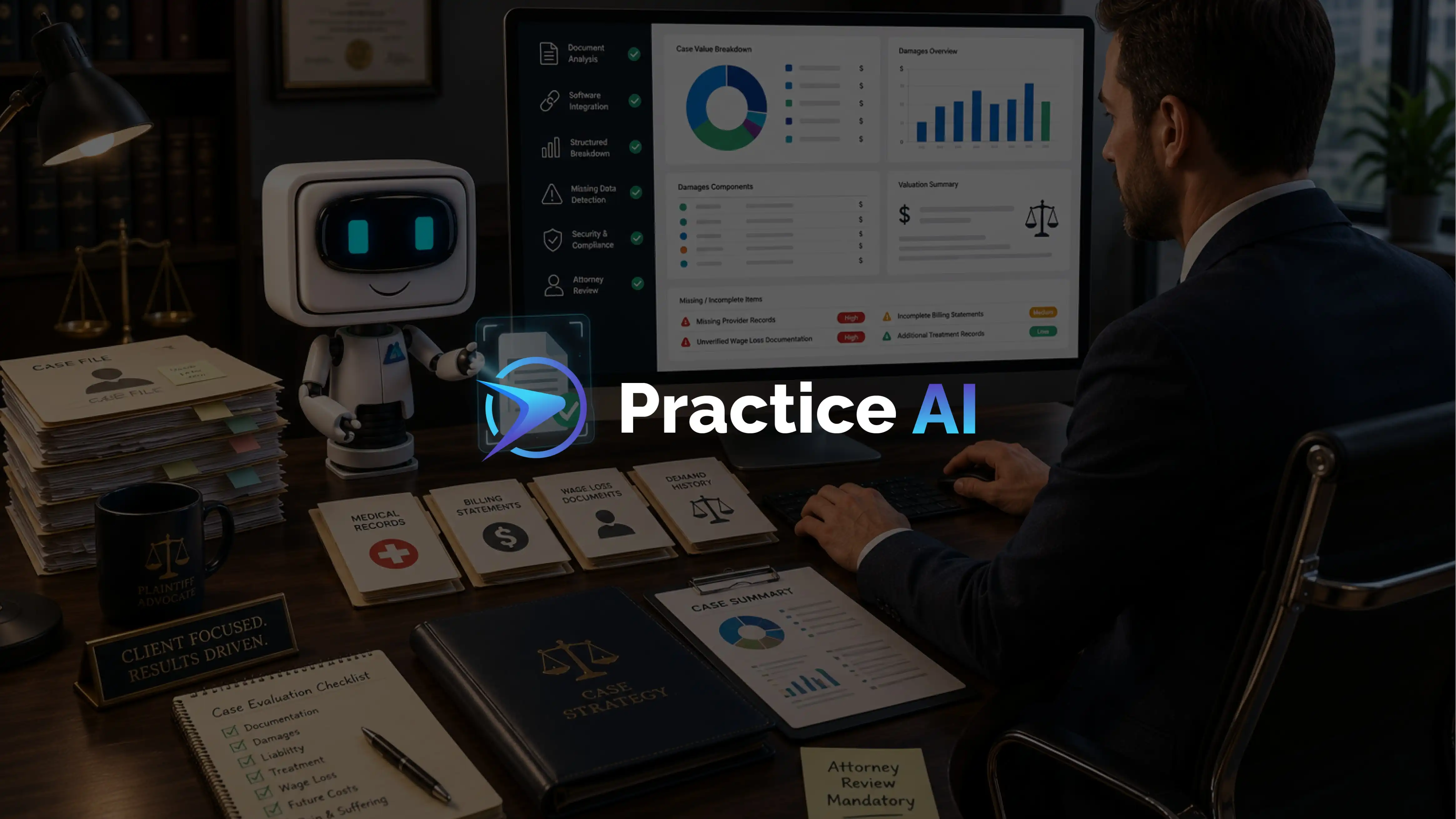 Attorney at desk reviewing an AI case valuation dashboard showing case value breakdown, damages overview, and missing documentation flags alongside an AI robot and case files.