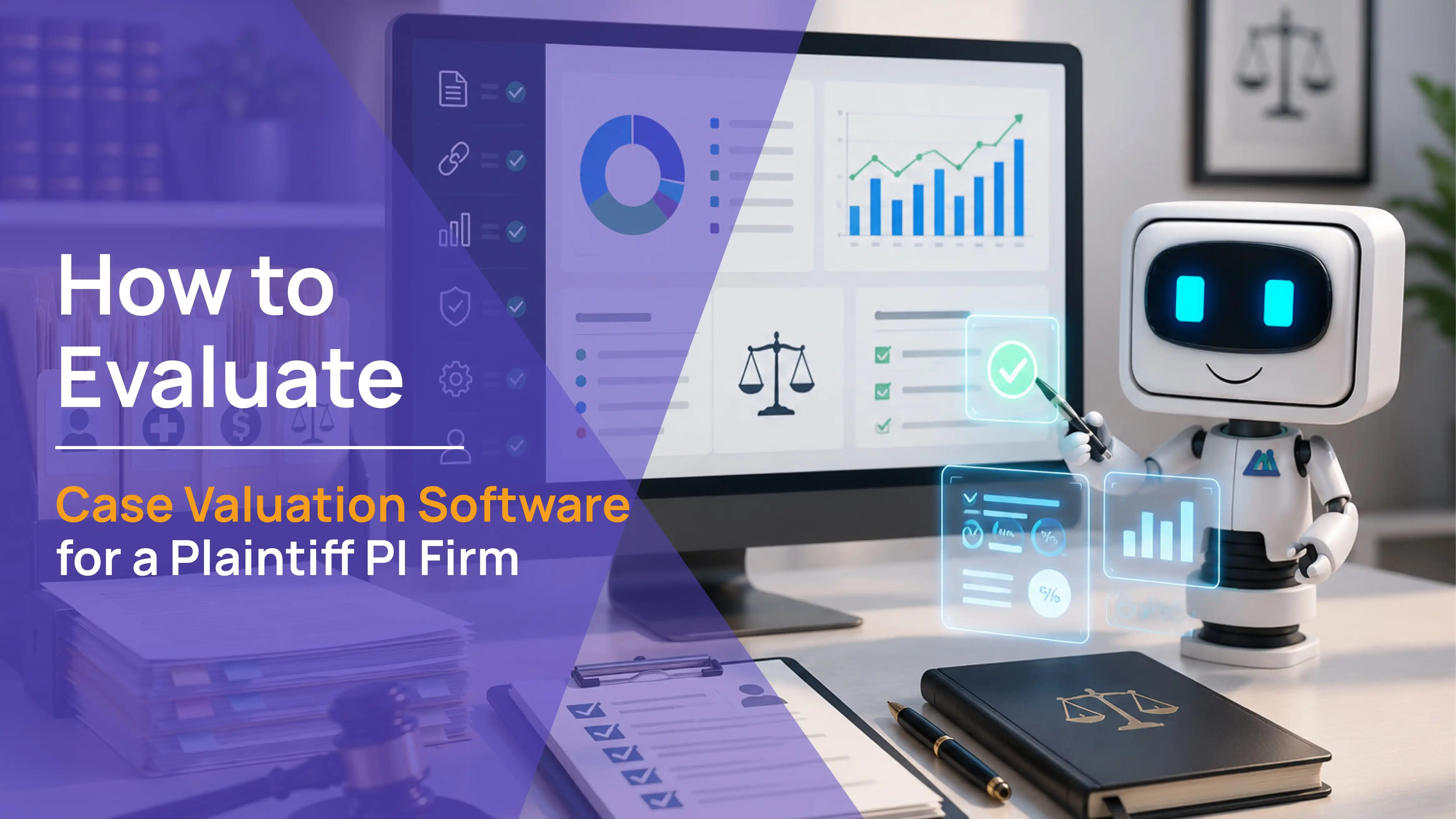 AI robot beside a monitor displaying case valuation analytics with charts, compliance checklist, and scales of justice, how to evaluate case valuation software for a plaintiff PI firm
