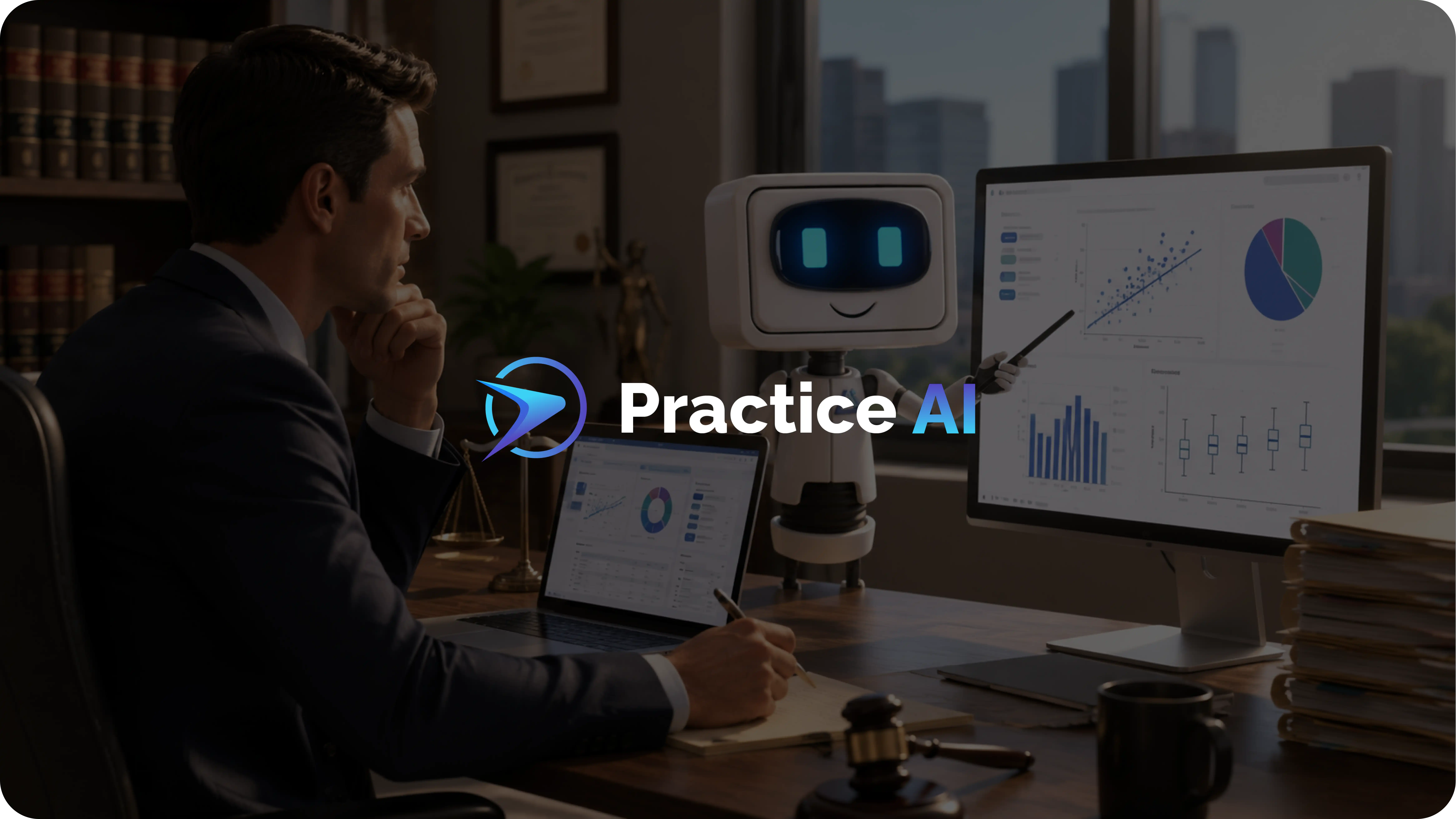 Attorney reviewing case valuation analytics on laptop and monitor alongside an AI robot pointing to scatter plots, pie charts, and bar graphs for personal injury case valuation.