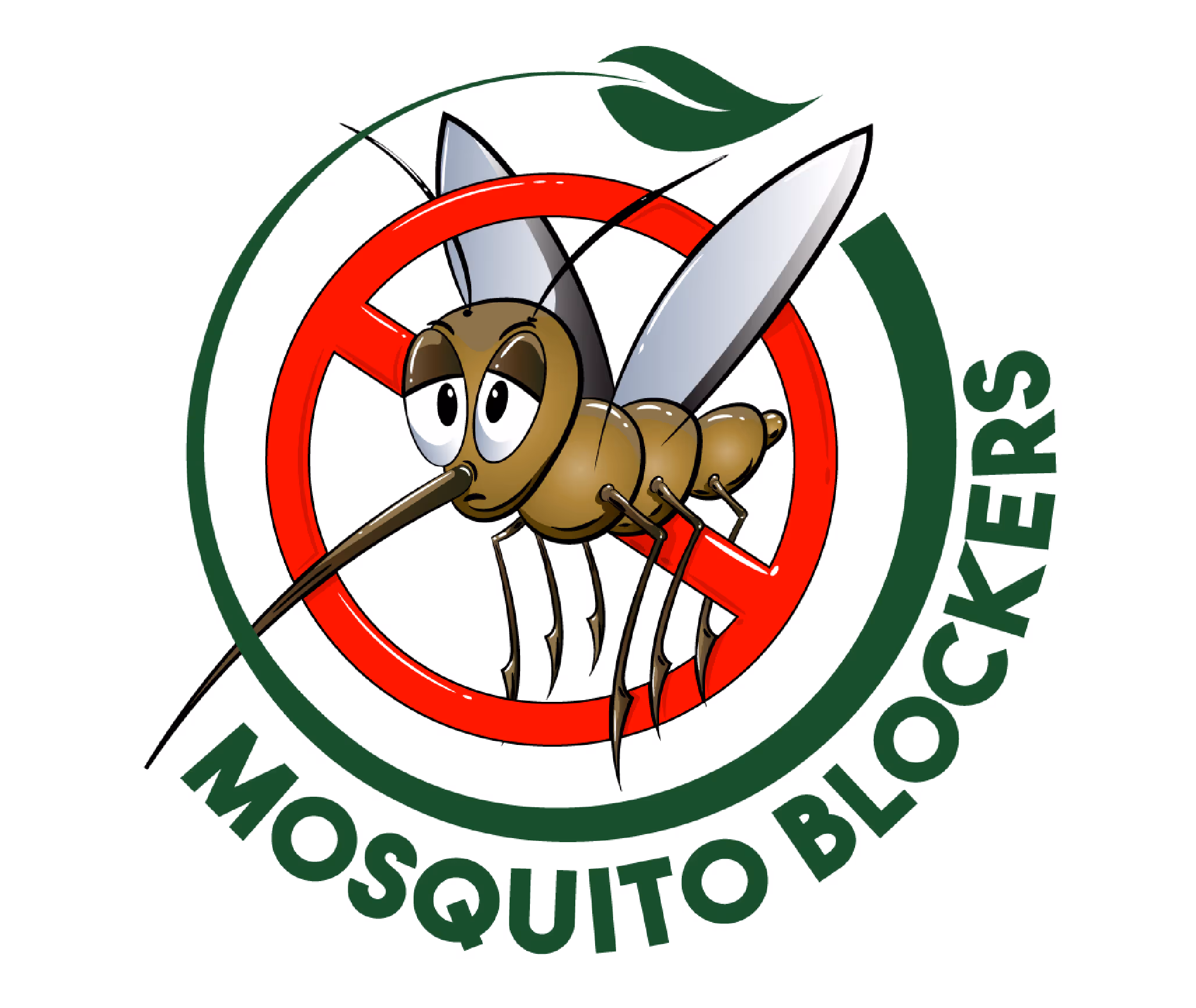 Cartoon mosquito with a red prohibition symbol over it, surrounded by a green circular border with a green leaf and the text 'MOSQUITO BLOCKERS'.