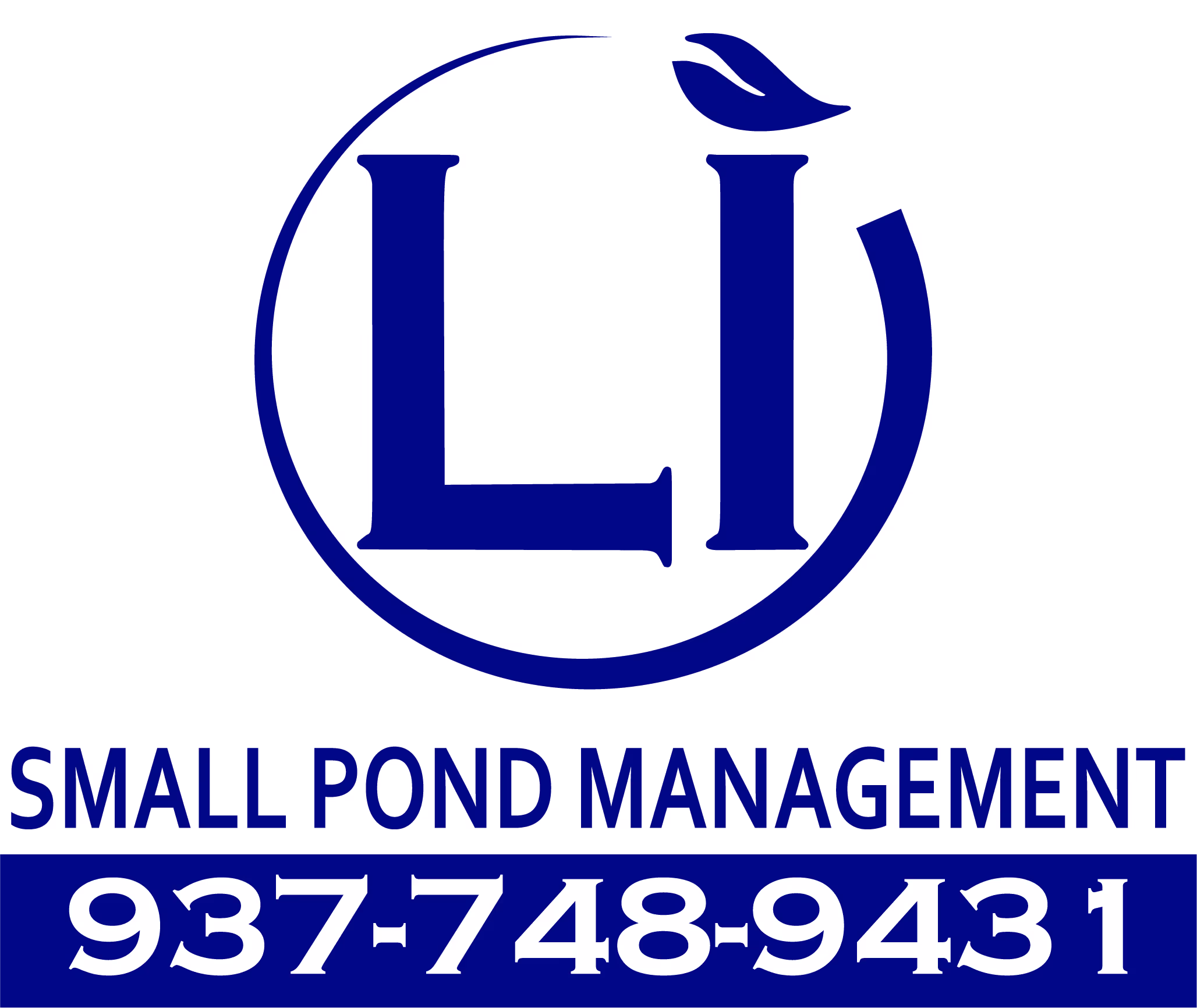 Logo with stylized letters 'LI' inside a broken circle, above text 'SMALL POND MANAGEMENT' and phone number 937-748-9431.