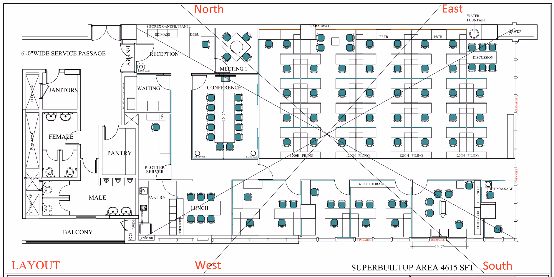 Built-out floor layout at Eco Space, Rajarhat — reception, waiting, meeting and conference rooms, open workstations, discussion zone, cabins, pantries, lunch area and washrooms.