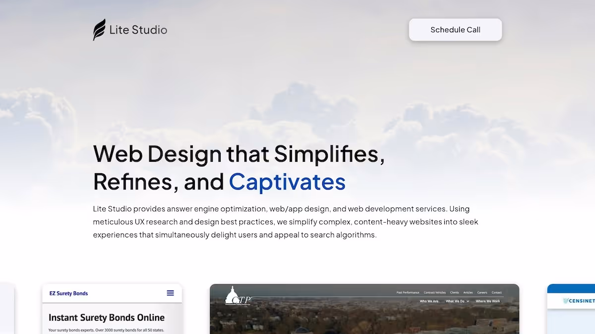 Lite Studio homepage hero section screenshot.