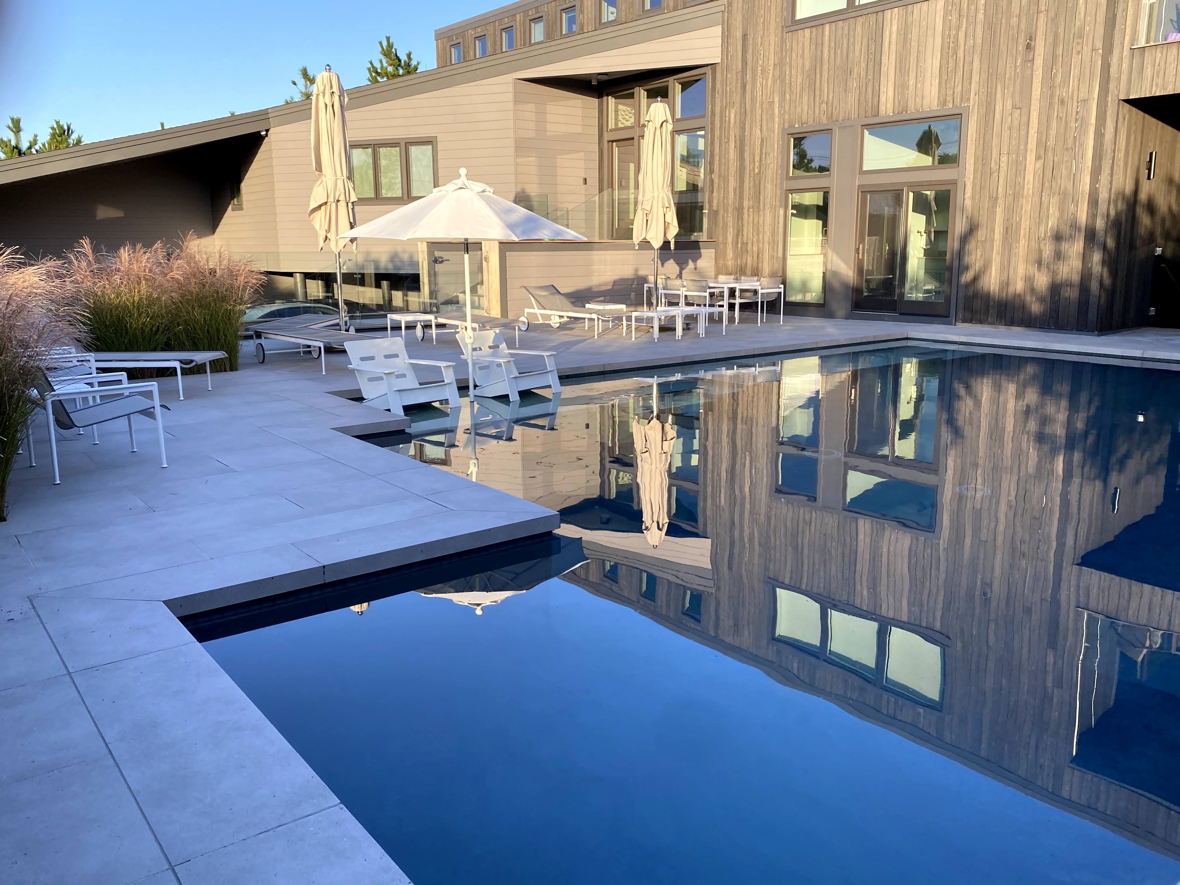 Timber structure and glass facing reflective pool, Loveladies, NJ