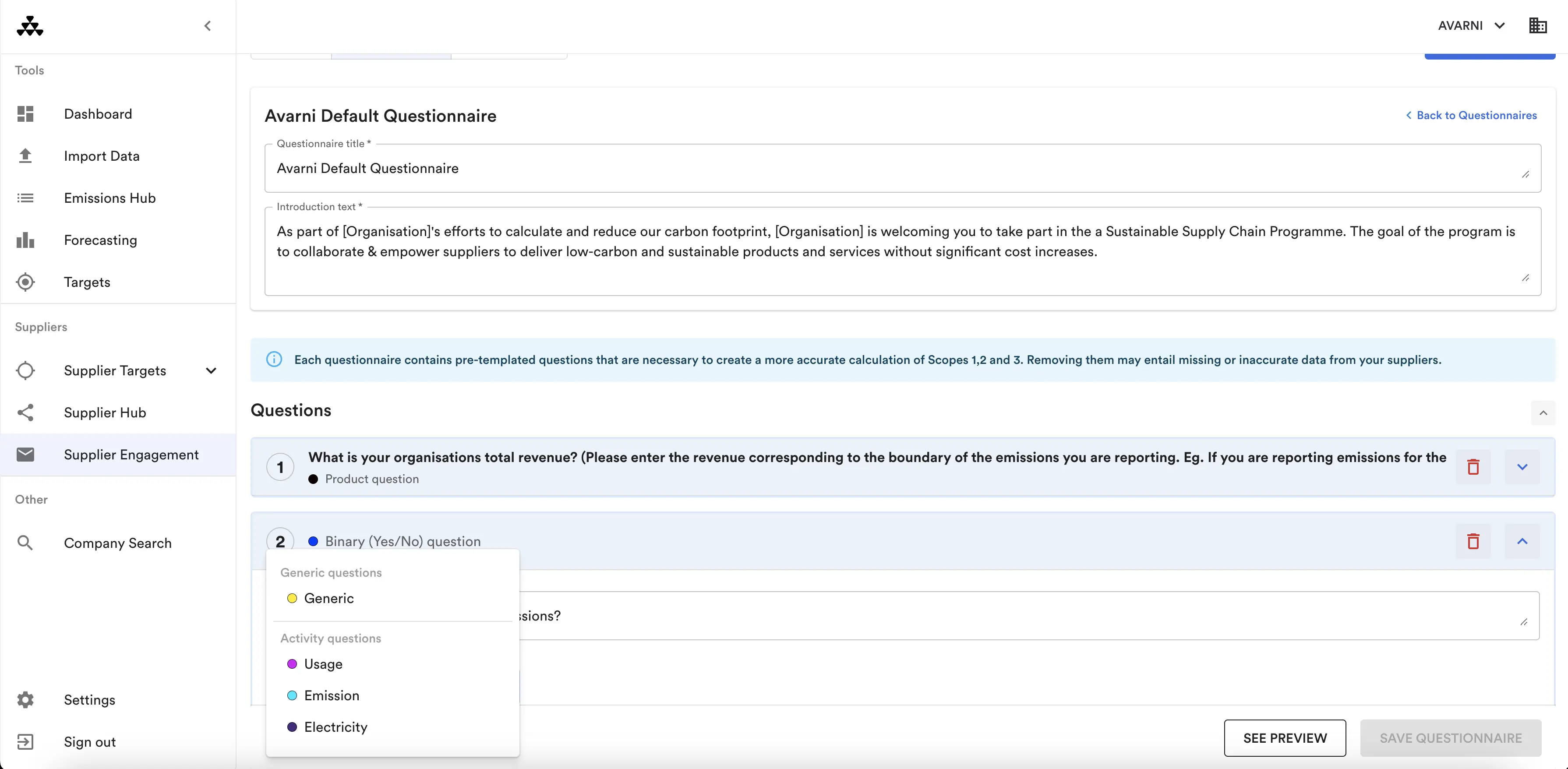 Avarni questionnaire builder