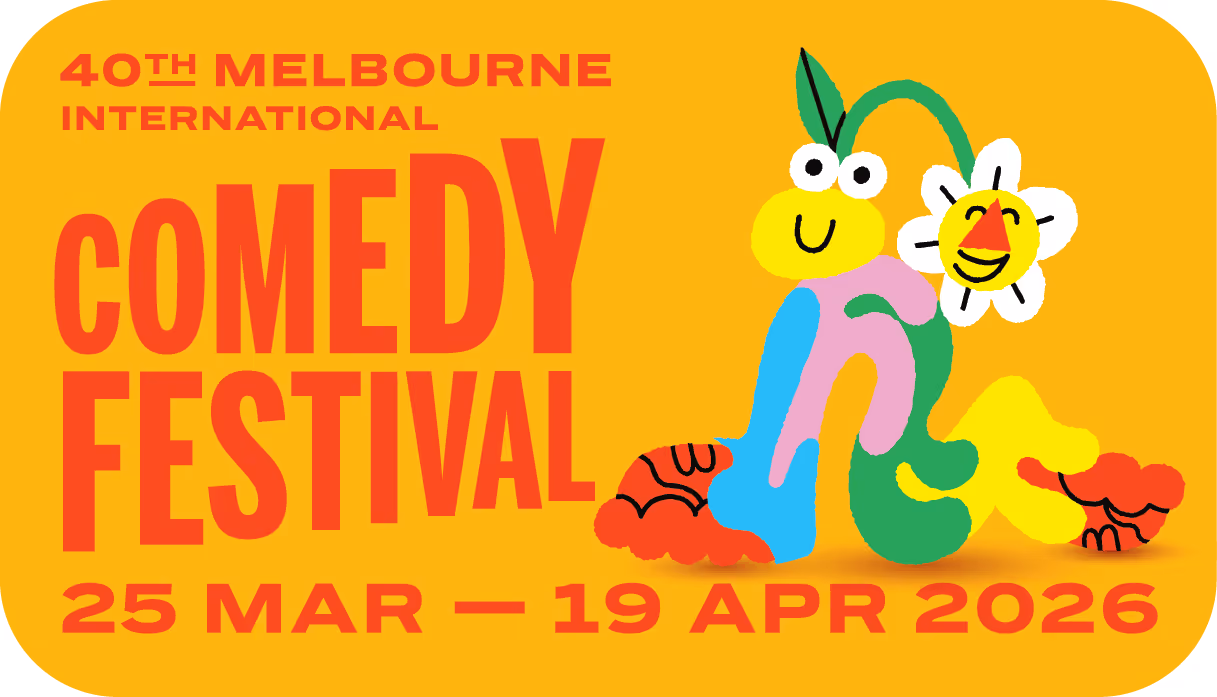 Melbourne International Comedy Festival logo featuring bold yellow text on a red background, promoting the festival and its website.