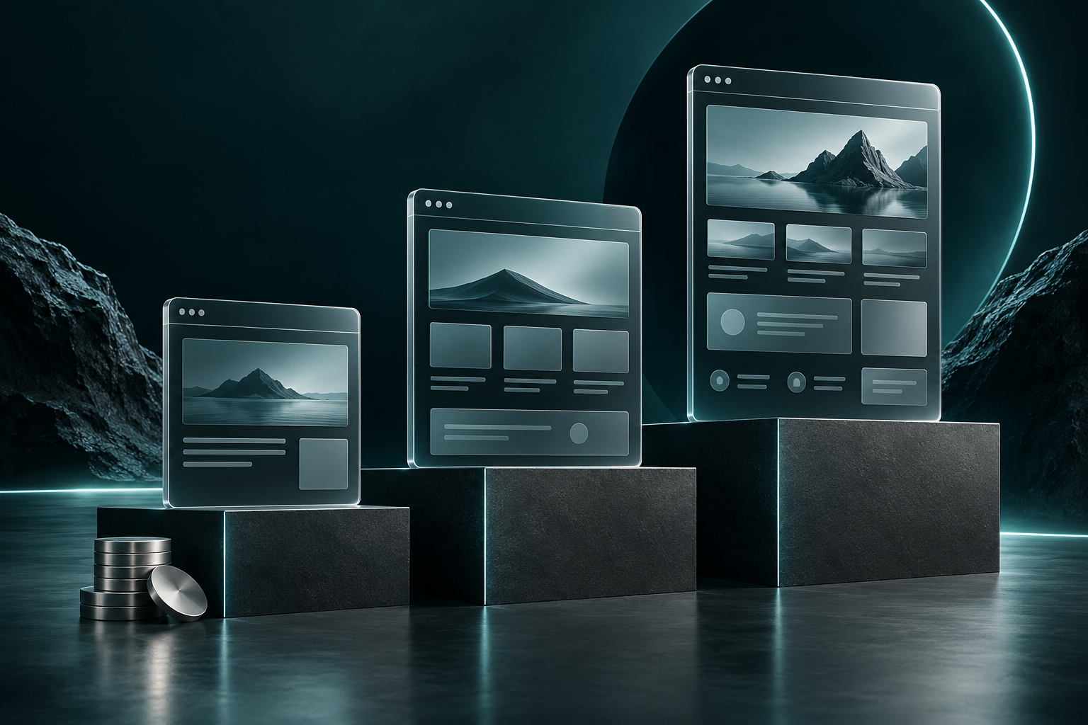 Three website layouts on ascending dark plinths with small metallic discs representing project scope and pricing.