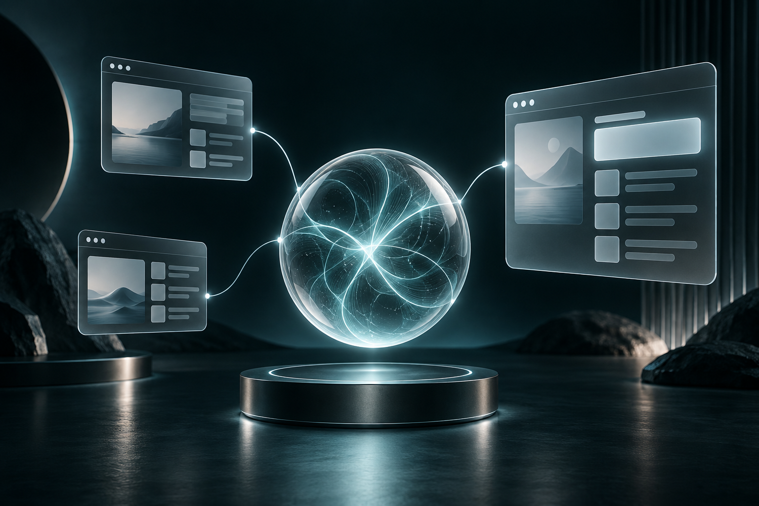 A luminous glass sphere connected to website content cards, illustrating the discovery of clear answers by AI.