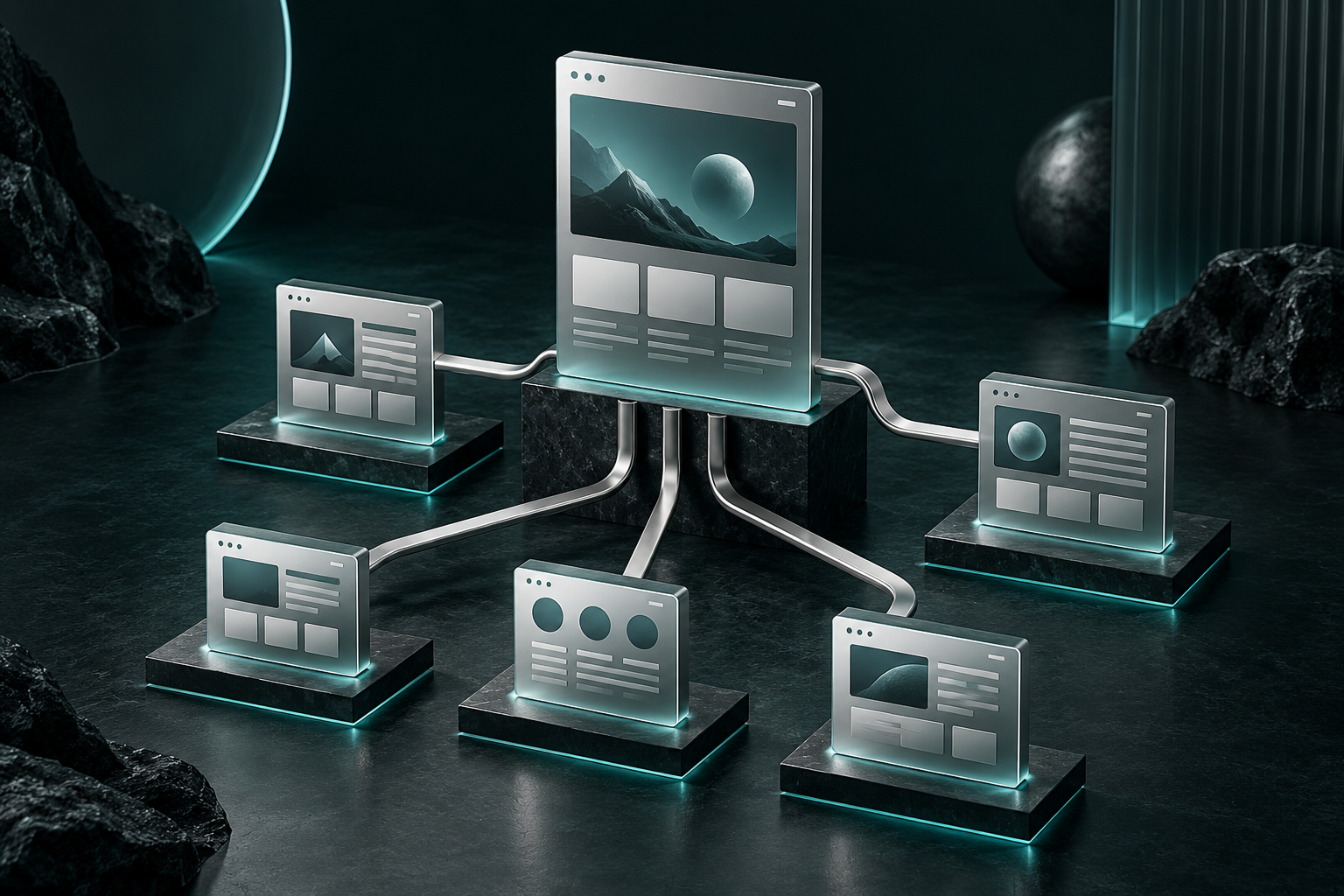 Website content panels arranged in a clear branching structure on stepped levels.
