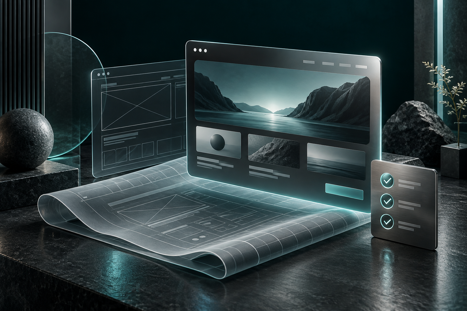A finished website panel above its wireframe plan beside a checklist with three ticks.
