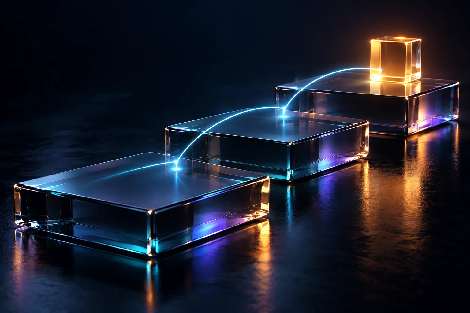 Three glass steps connected by cyan light leading to an amber cube.