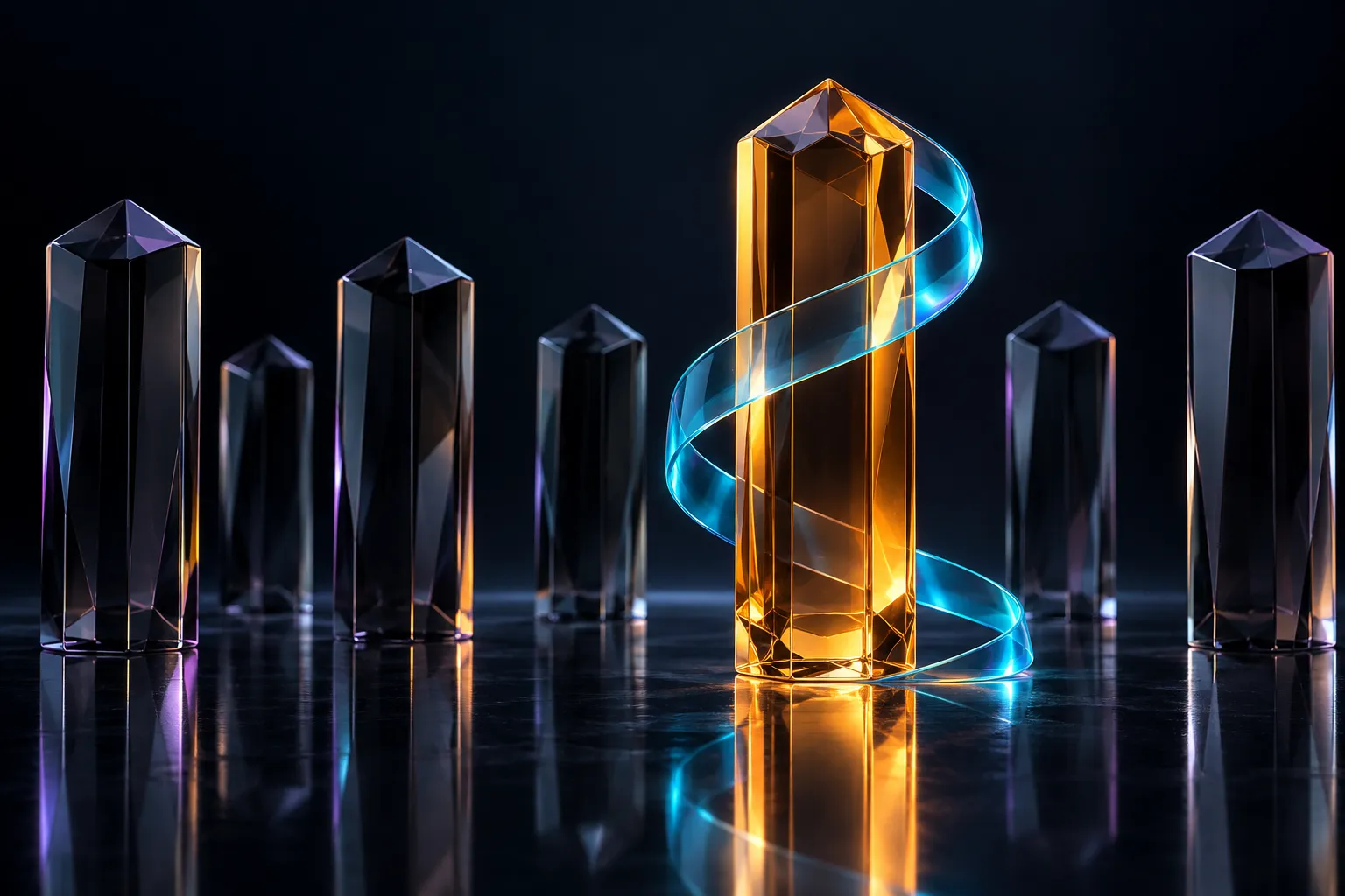 An amber glass prism stands apart from dark prisms with a cyan ribbon.