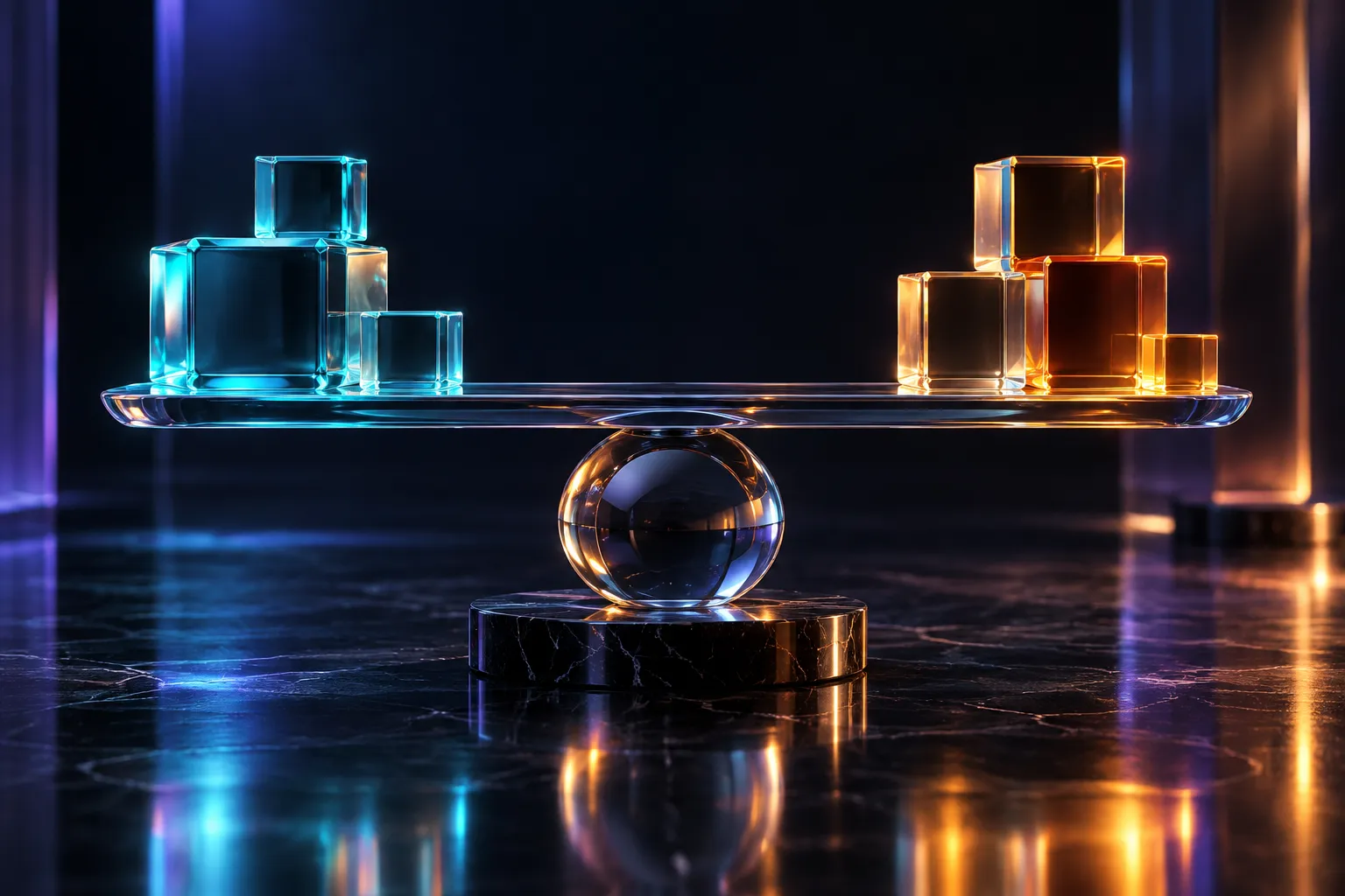 Cyan and amber glass cubes balanced on a transparent sculptural scale.