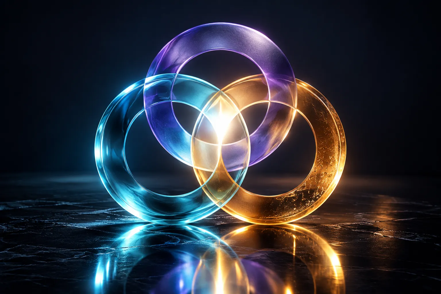 Overlapping cyan, violet and amber glass rings with a bright shared centre.