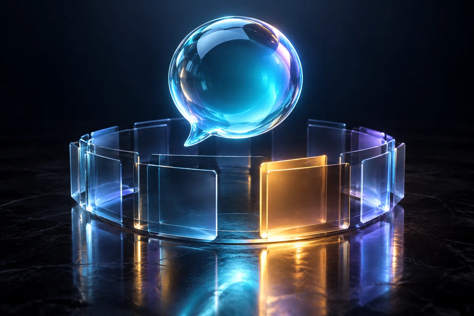 A cyan glass conversation orb floats above transparent source panels.
