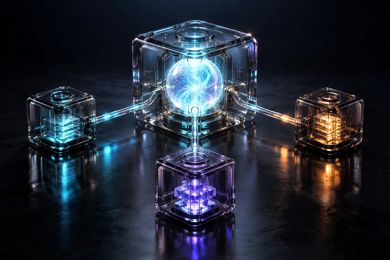 A luminous glass core connected to three small transparent modules.
