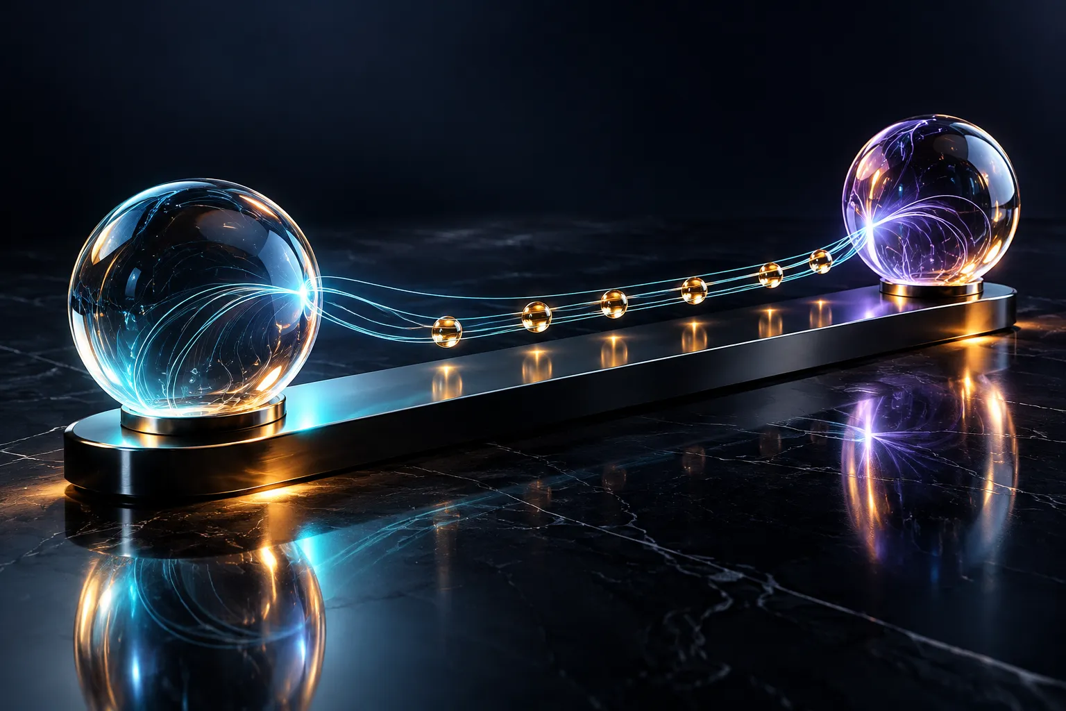 Two glass orbs linked by cyan lines and amber marker beads.