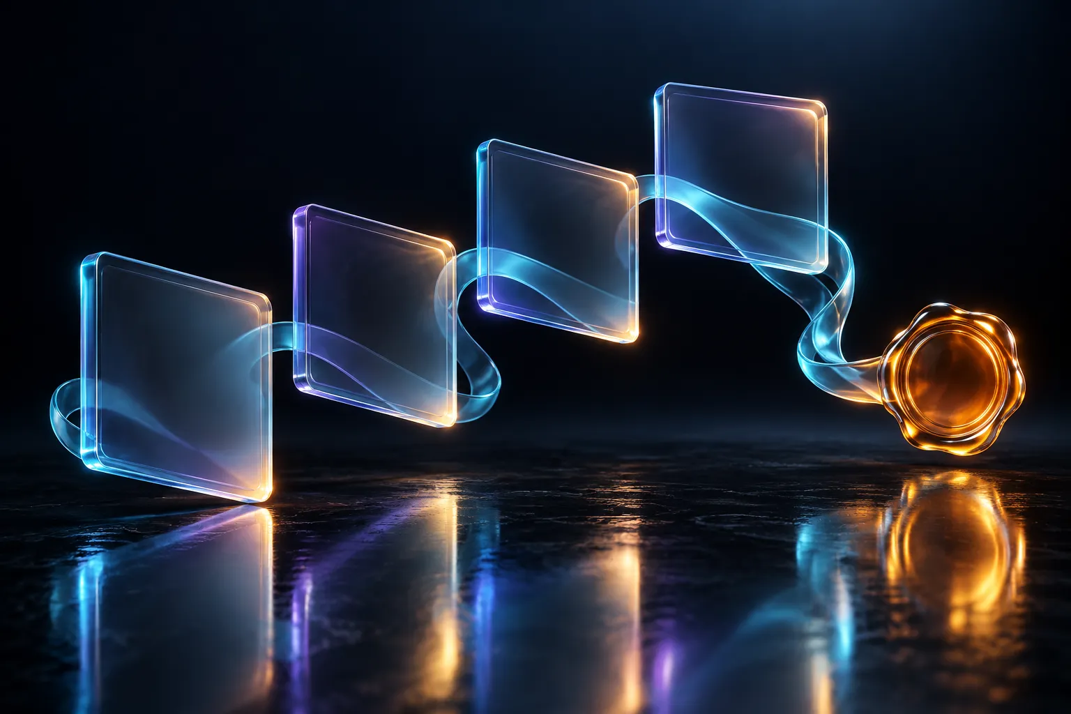 Four transparent panels joined by a cyan ribbon ending in an amber seal.