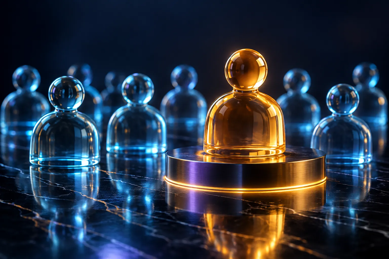 An amber customer figure stands out from a group of cyan glass figures.