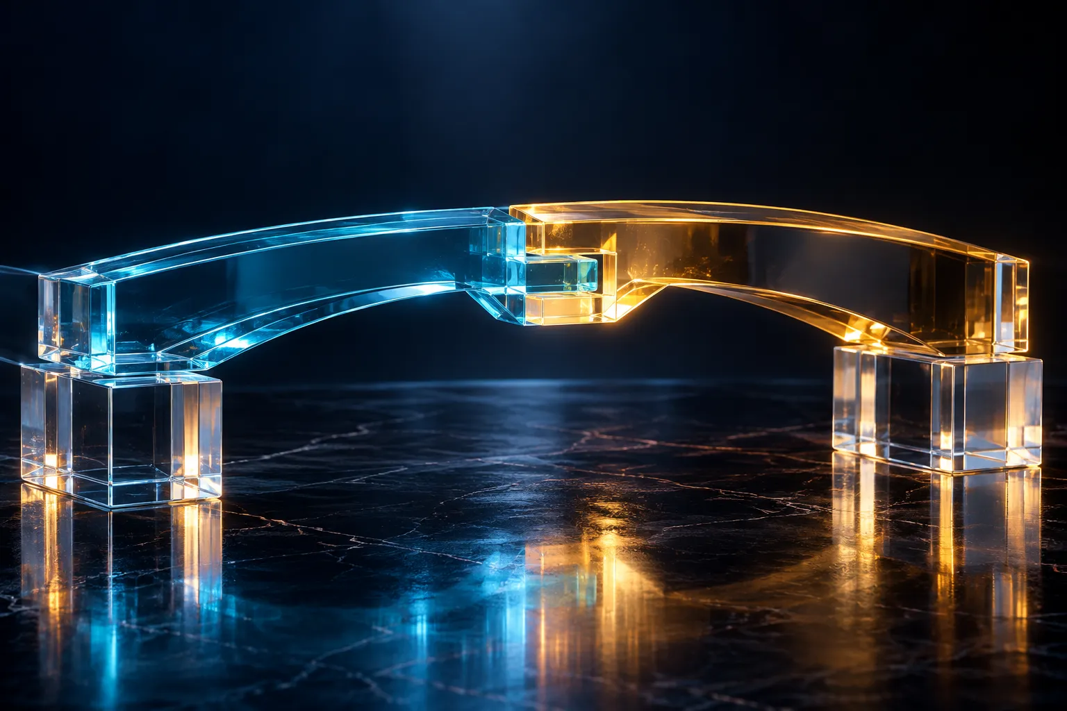Cyan and amber glass bridge sections interlock to form a stable connection.