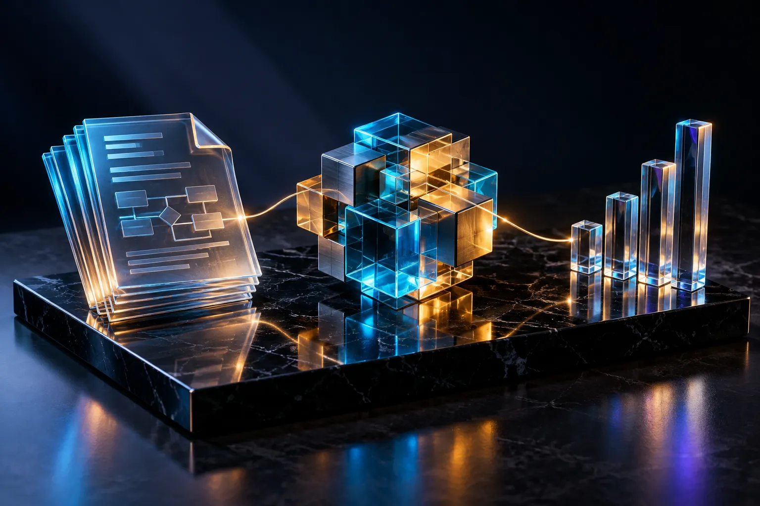 Glass strategy documents, interlocking blocks and rising columns represent GEO agency deliverables.